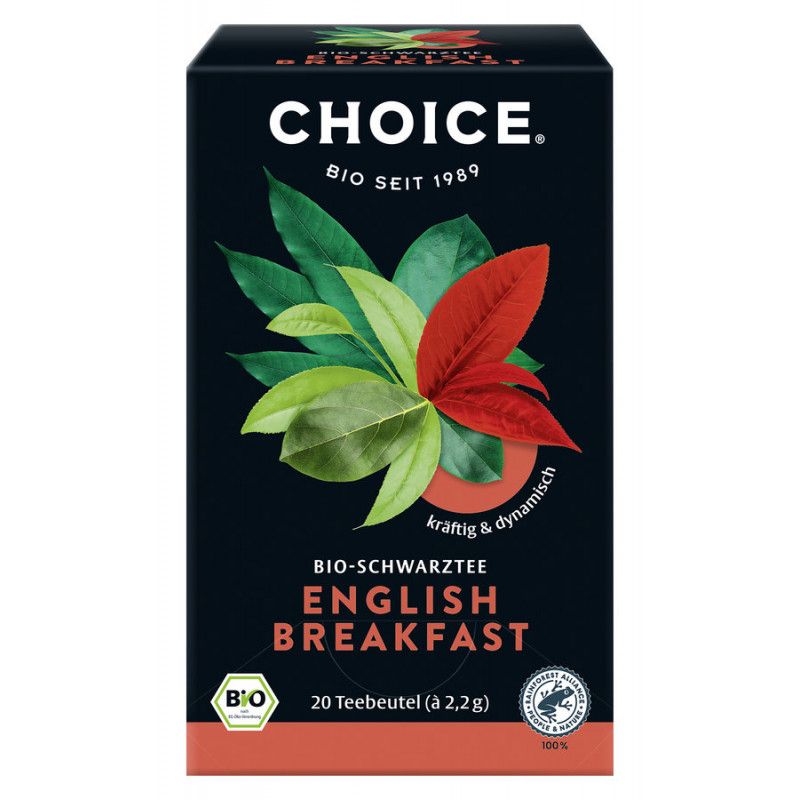 Schwarze Tee-Box mit Blättern. Aufschrift: CHOICE, BIO SEIT 1989, English Breakfast, 20 Teebeutel. Bio-Siegel.