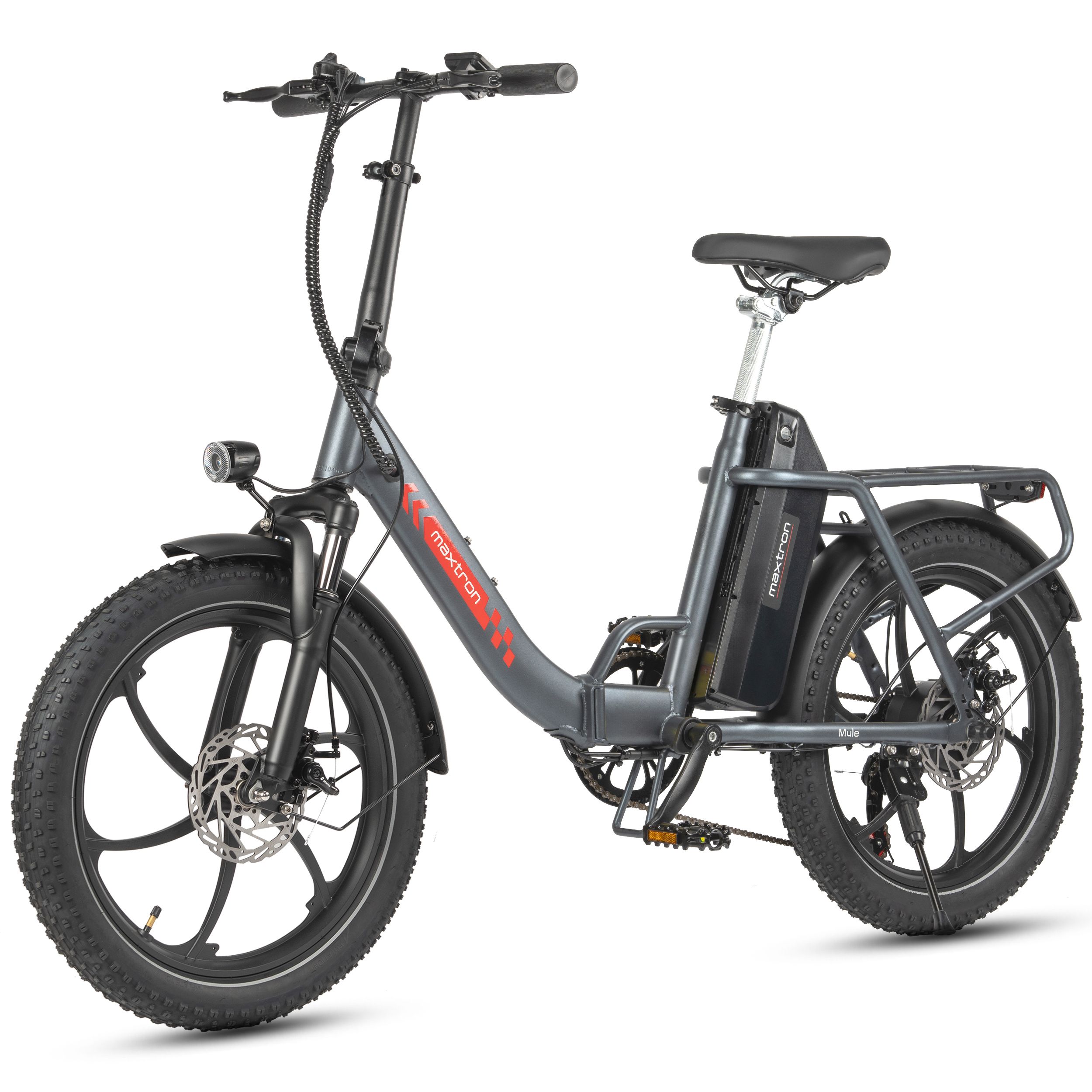 Graues Falt-Elektrofahrrad mit schwarzen Reifen und Sattel. Akku und Gepäckträger. Maxtron Logo.