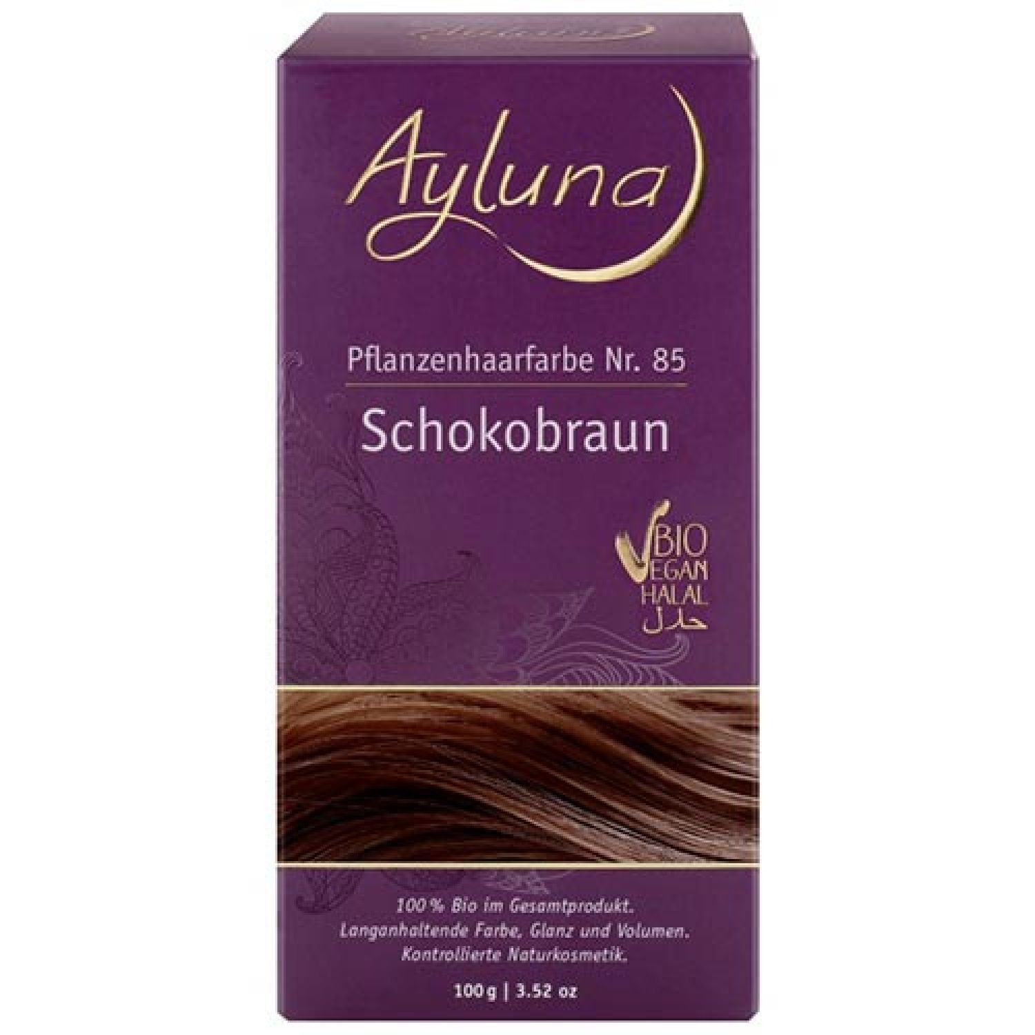 Ayluna Pflanzenhaarfarbe Schokobraun Nr. 85 Bio. Violette Schachtel mit Produktinformationen und Bio-Siegel. Braune Haarsträhnen abgebildet.