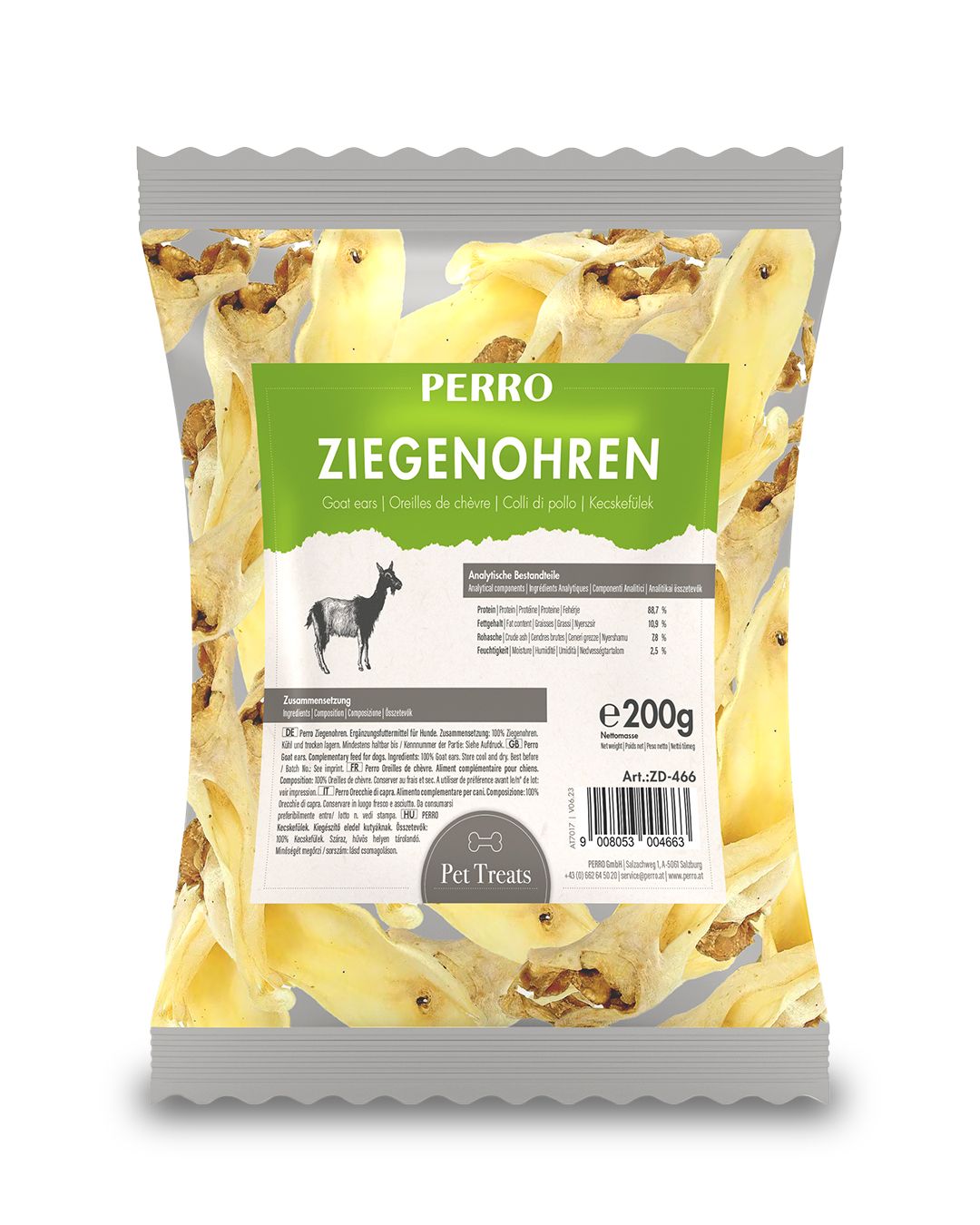 Verpackung mit PERRO Ziegenohren. Grün-weißes Etikett mit Produktname, Ziegenabbildung und Nährwertangaben. Inhalt: getrocknete Ohren.