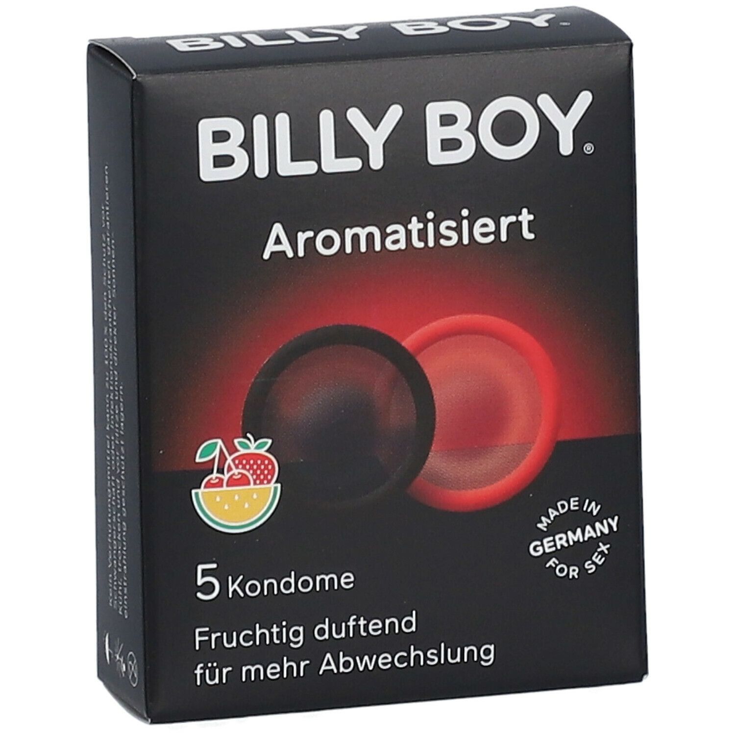 Schwarze Schachtel mit Kondomen. Aufschrift: BILLY BOY, Aromatisiert, 5 Kondome. Abbildung von Kondomen.
