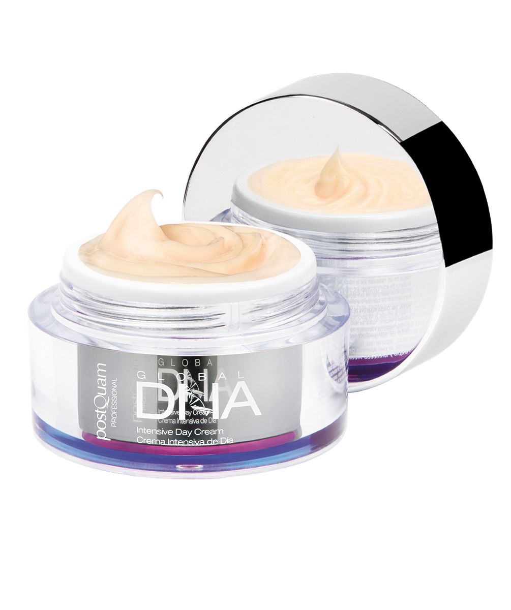 Creme-Glas mit Deckel. Produktname: Global DNA Intensive Day Cream. Marke: Postquam. Creme sichtbar.