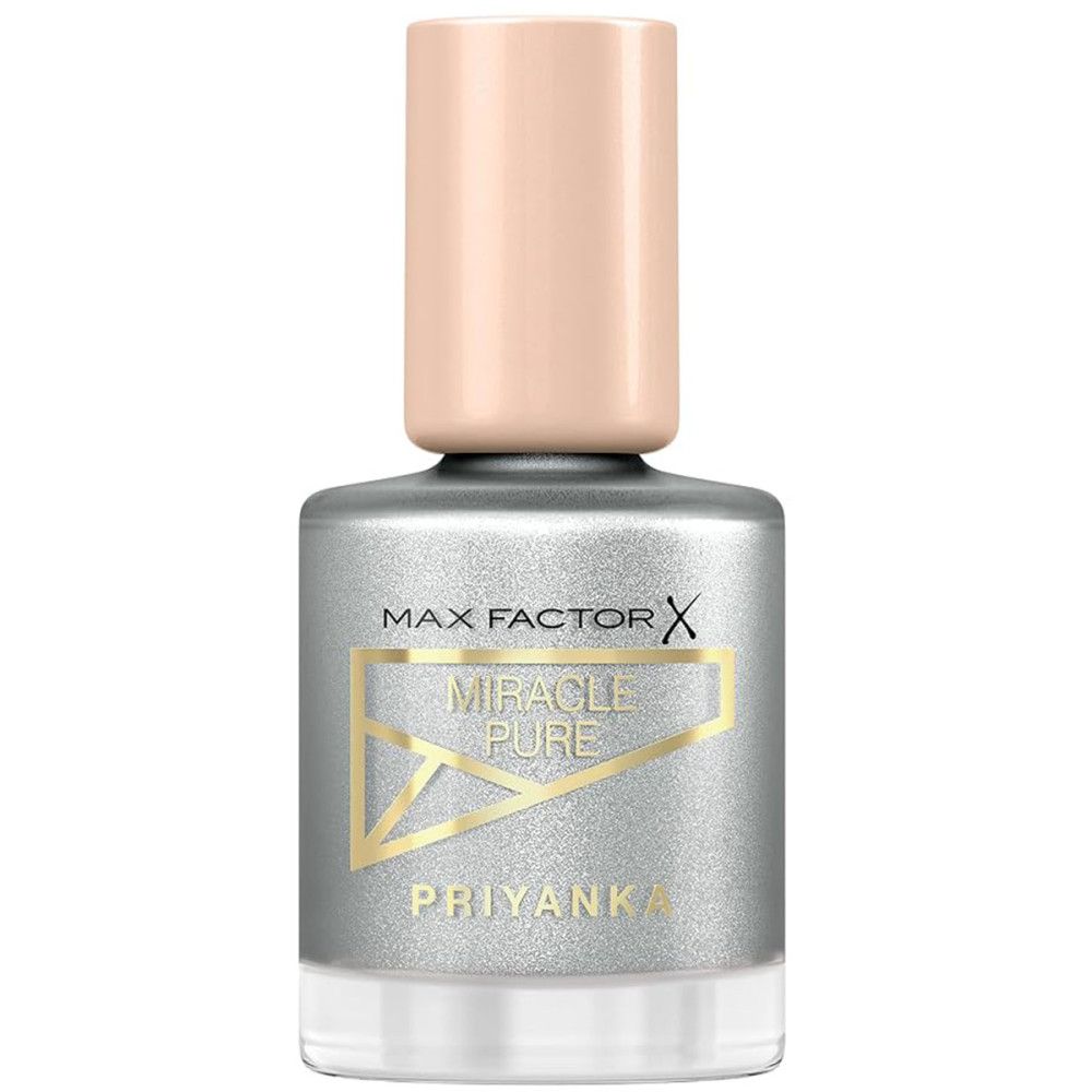 Nagellackflasche von Max Factor. Silberfarbener Lack mit rosafarbenem Deckel. Aufschrift: Miracle Pure Priyanka.