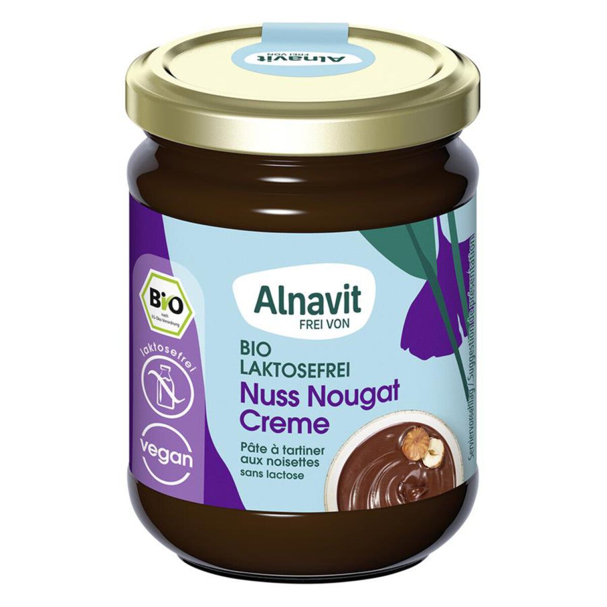 Glas mit Nuss Nougat Creme. Aufschrift: Alnavit, BIO, laktosefrei, vegan. Abbildung von Creme mit Haselnuss.