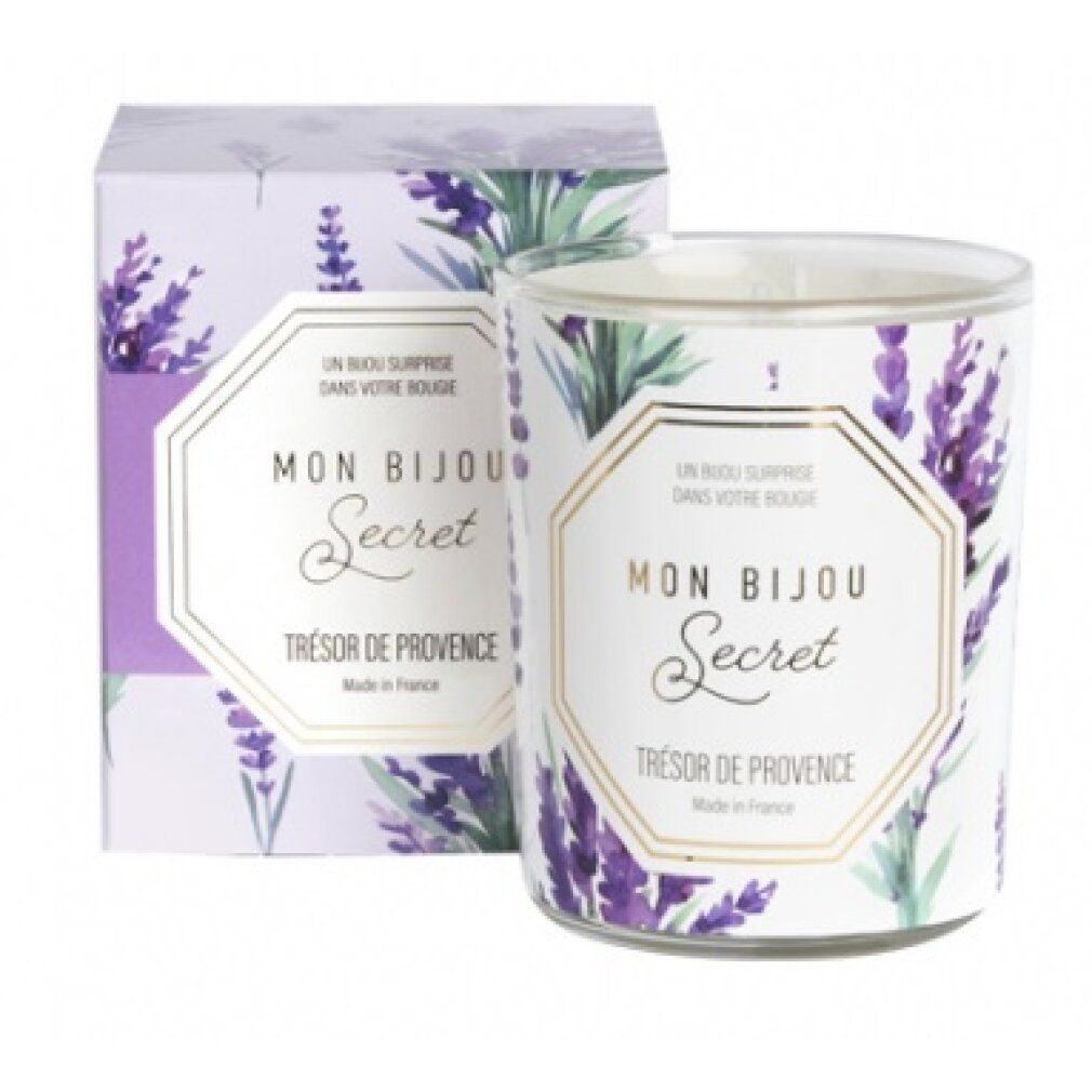 Kerze mit Lavendel-Dekor und Verpackung. Aufschrift: Mon Bijou Secret, Trésor de Provence. Verpackung mit Lavendel-Motiv.