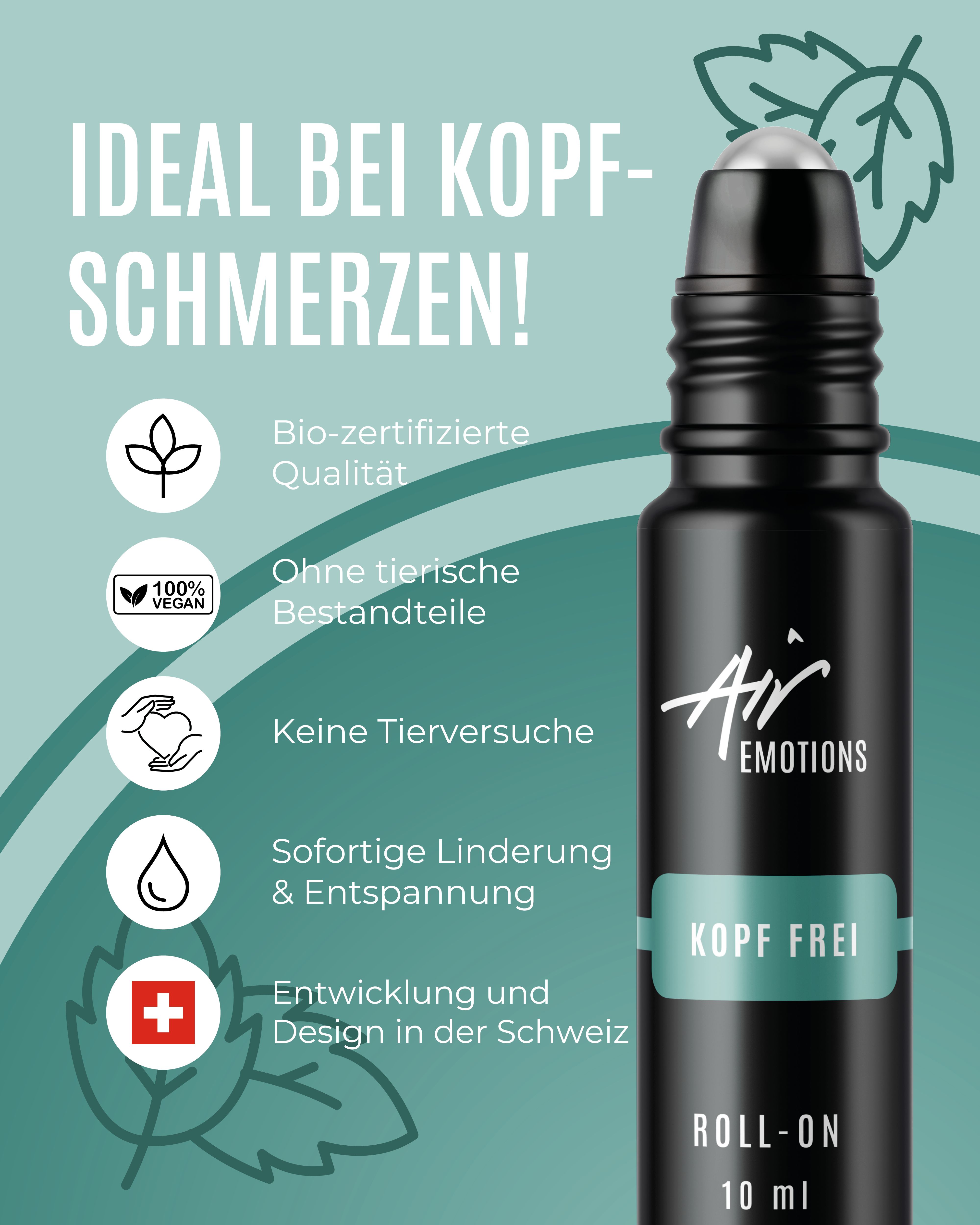 Schwarze Roll-On-Flasche mit "Kopf frei"-Etikett und Kappe. Text: "Air Emotions", "10 ml", und Icons.