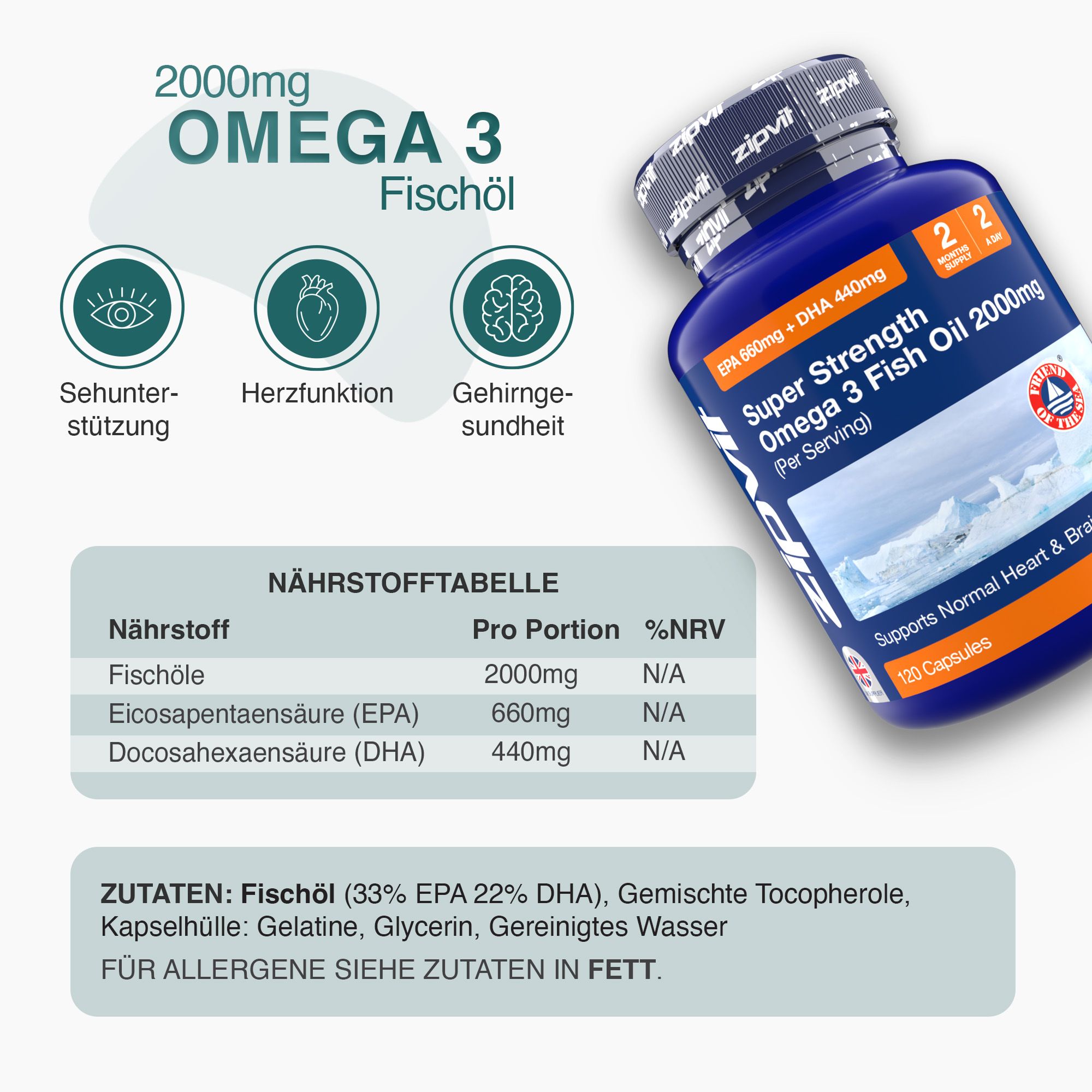 Blaue Flasche Zipvit Omega 3 Fischöl. Enthält Nährwerttabelle und Zutatenliste. Angaben zu EPA und DHA.