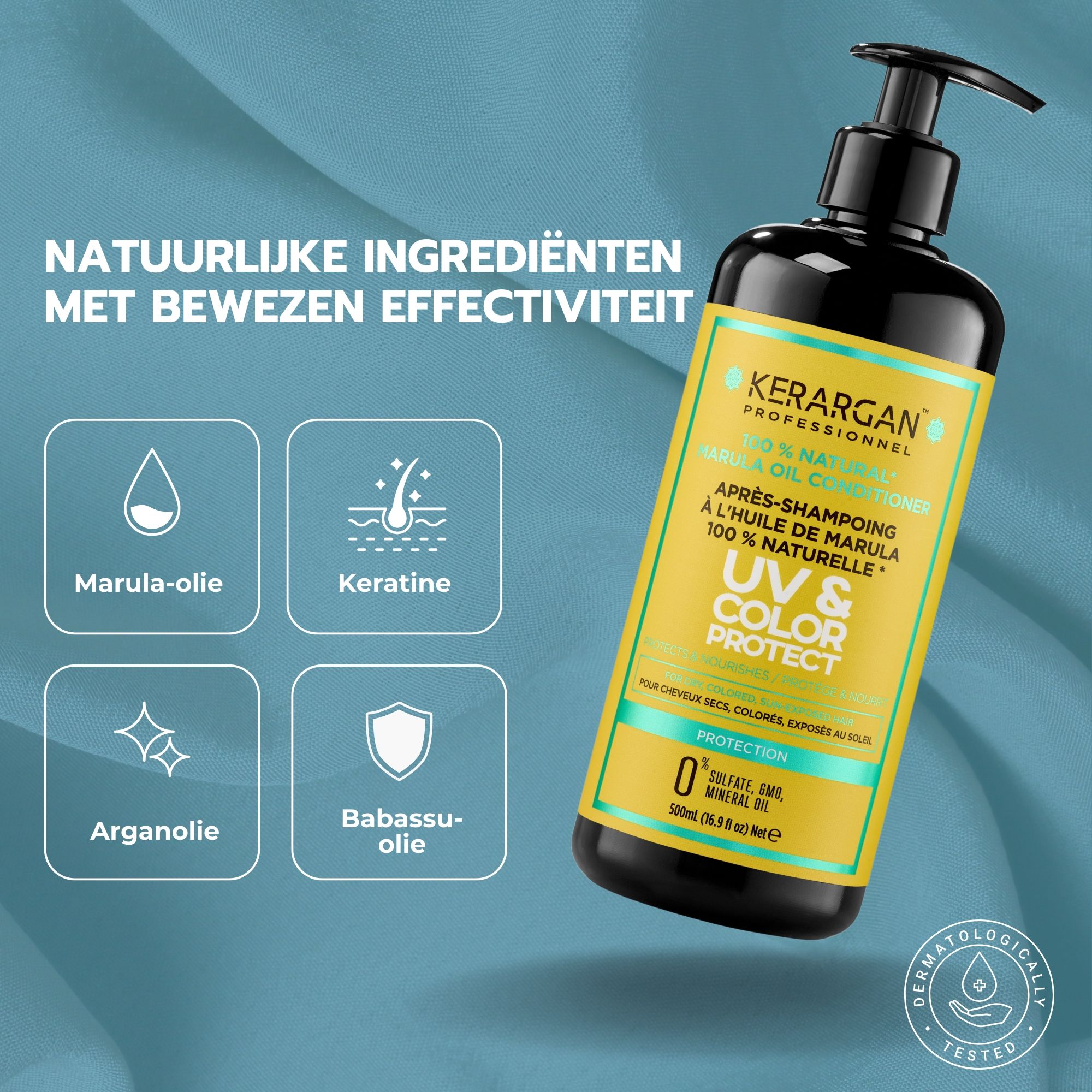 Kerargan UV & Color Protect. Zwarte fles met pomp, geel etiket. Ingrediënten: marula-olie, keratine, arganolie, babassu-olie.