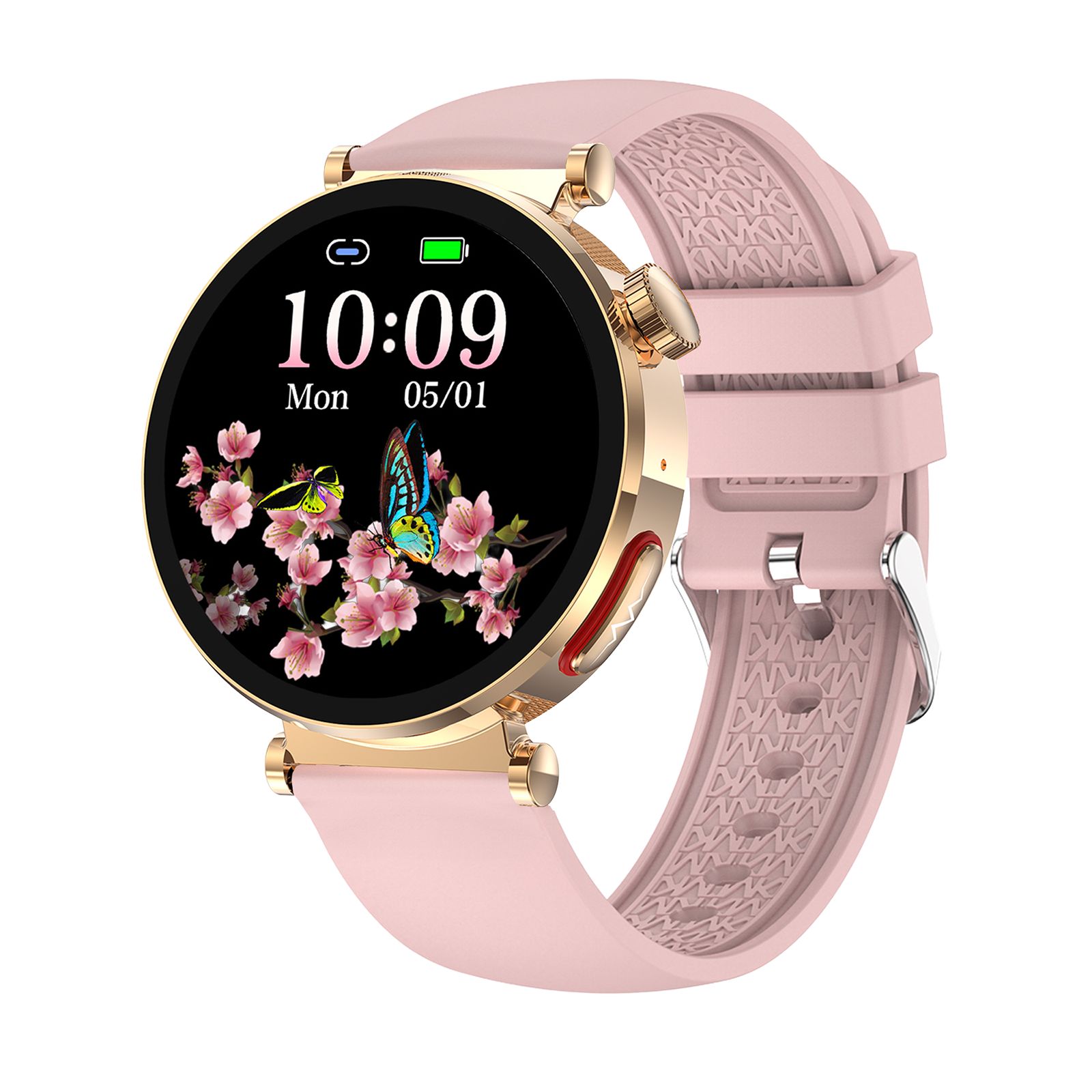 Rosafarbene Smartwatch mit goldenem Gehäuse und Armband. Auf dem Display: Uhrzeit, Datum und Blumenmuster.
