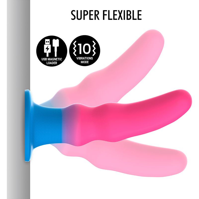 Zweifarbiges Dildo in drei Positionen. 10 Vibrationsmodi. USB-Lader.