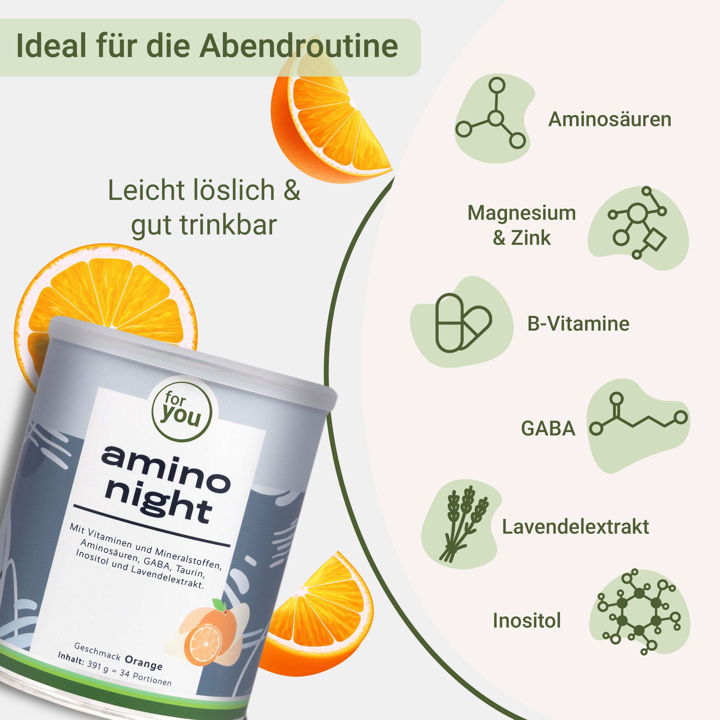 Dose "amino night" mit Orangenstücken. Text: "Aminosäuren", "Magnesium & Zink", "B-Vitamine", "GABA", "Lavendelextrakt".
