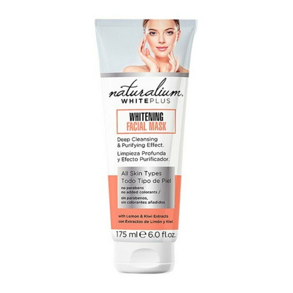 Weiß-orange Tube. Text: Whitening Facial Mask, Deep Cleansing & Purifying Effect. Für alle Hauttypen. Mit Zitrone & Kiwi Extrakten.