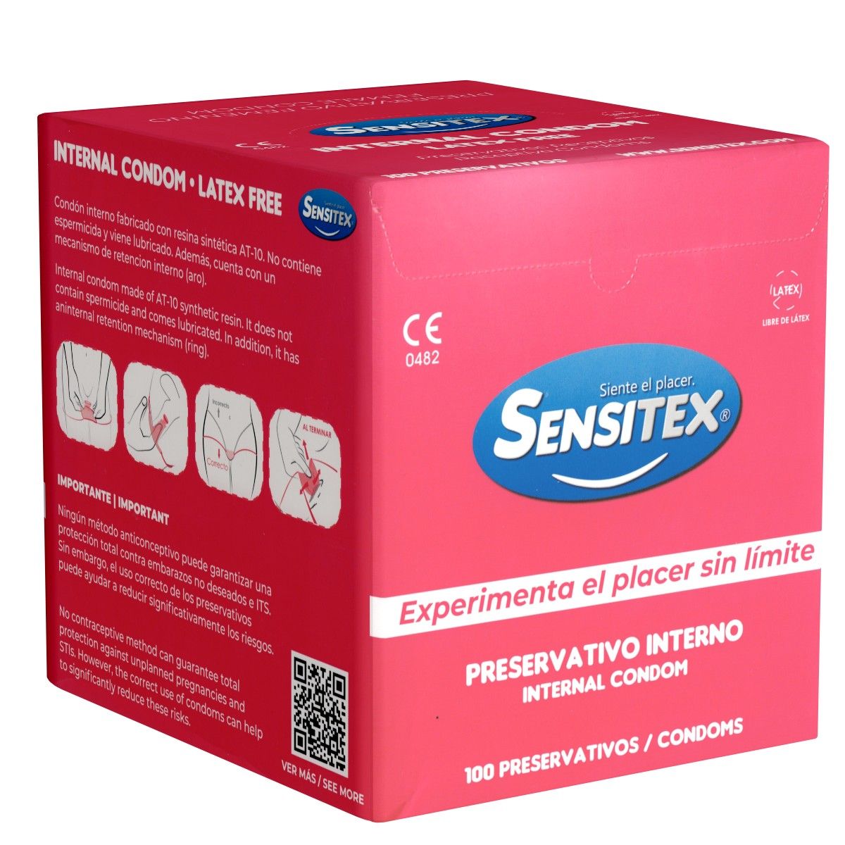 Rosa Verpackung mit "Sensitex" Logo und Text. Enthält 100 Kondome. Aufschrift: "Internes Kondom". CE-Kennzeichnung.