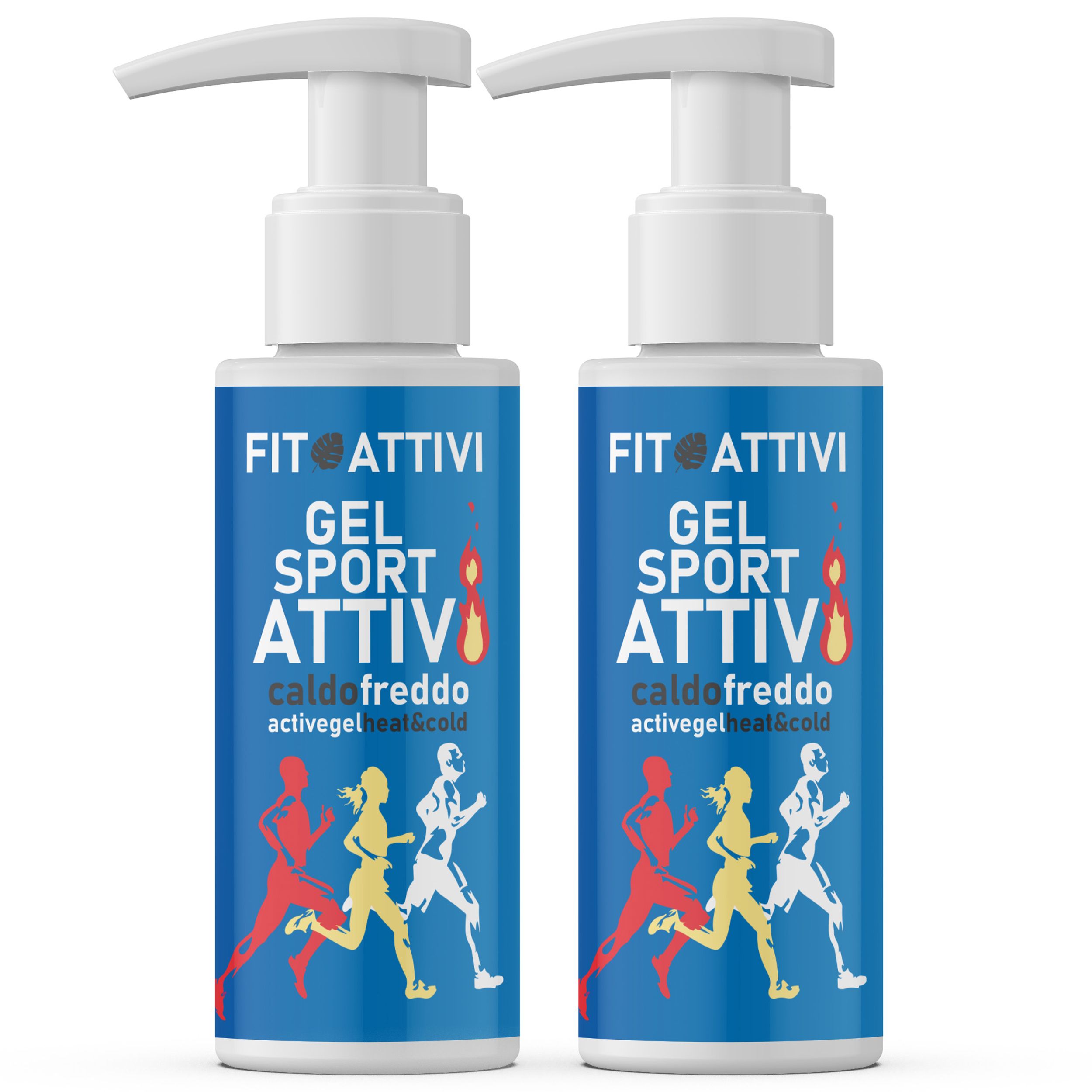 Zwei Flaschen mit weißem Pumpkopf. Blaue Etiketten mit Text: GEL SPORT ATTIVI, caldo freddo, Läufer-Illustrationen.