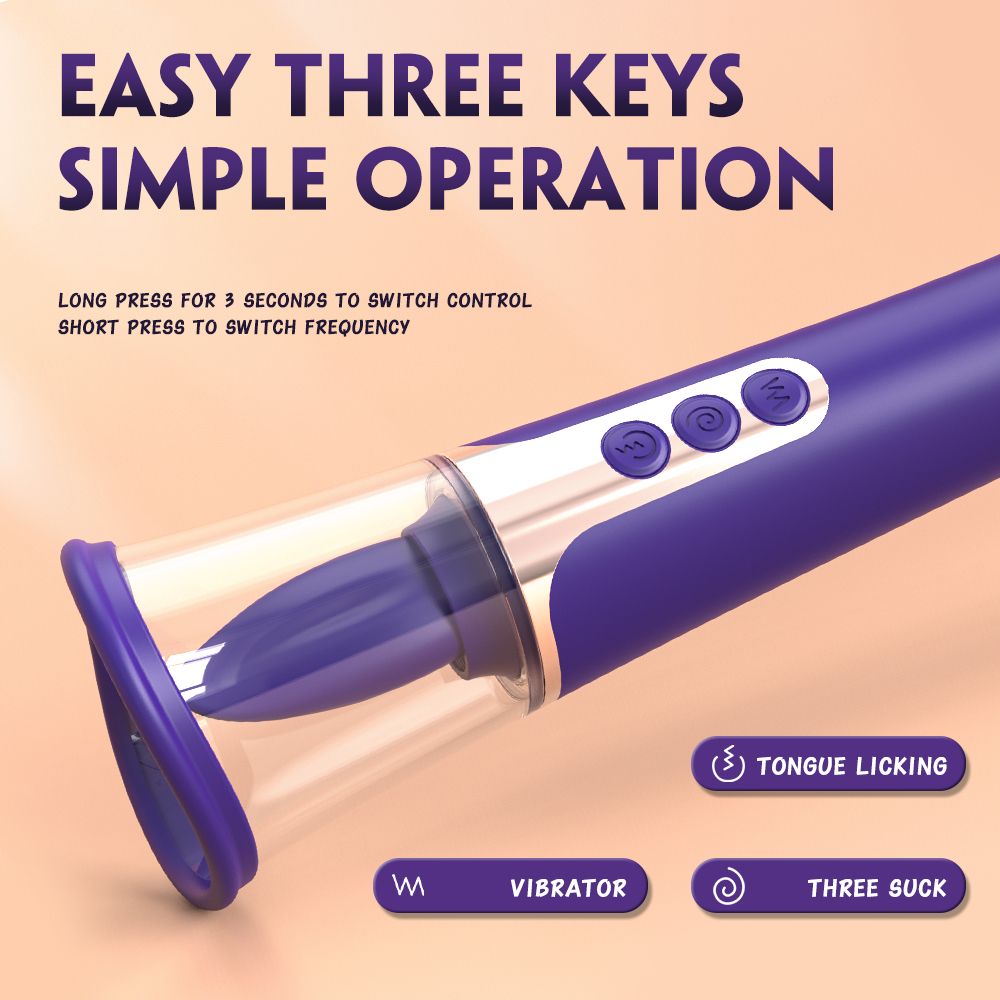 Lila Vibrator mit drei Knöpfen. Text: EASY THREE KEYS SIMPLE OPERATION. Funktionen: Zunge, Vibrator, Saugen.