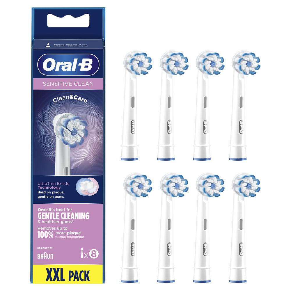 Packung mit acht Oral-B Sensitive Clean Aufsteckbürsten. Verpackung mit Produktabbildung und Texten wie "Sensitive Clean" und "XXL PACK".