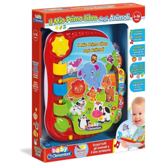 Libro per bambini "Il Mio Primo Libro degli Animali" di Clementoni. Custodia rossa in plastica con illustrazioni di animali. Confezione con bambino.