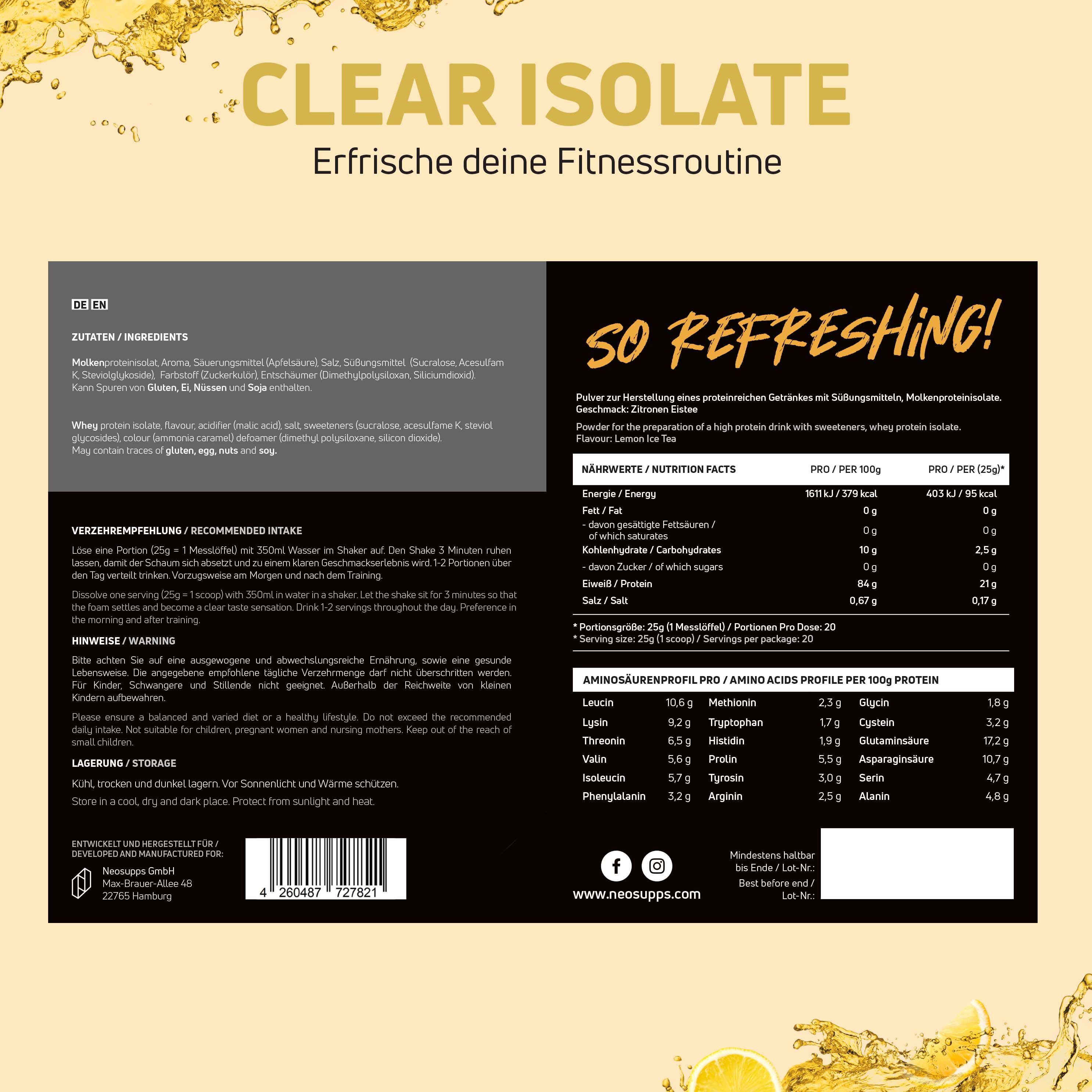 Schwarze Dose mit gelbem Akzent. Aufschrift CLEAR ISOLATE und NEOSUPPS. Text: Zutaten, Nährwertangaben, Aminosäurenprofil.