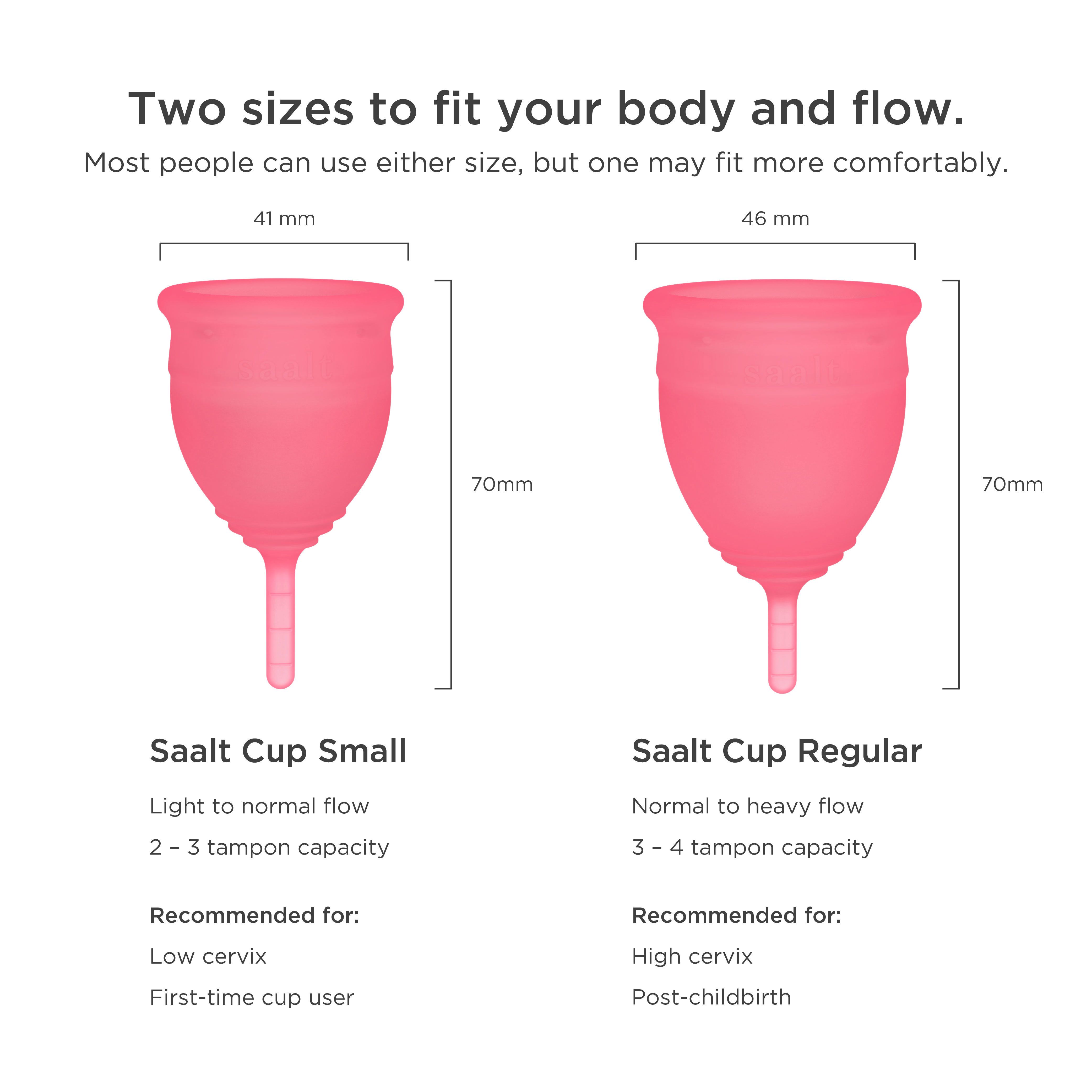 Zwei rosa Menstruationstassen. Größen: 41mm und 46mm. Text: Saalt Cup Small und Regular.
