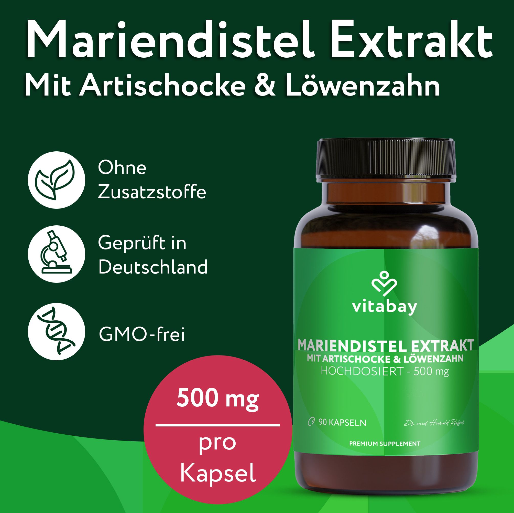 Flasche mit Kapseln. Text: Mariendistel Extrakt mit Artischocke & Löwenzahn. 500 mg pro Kapsel. Ohne Zusatzstoffe. Geprüft in Deutschland. GMO-frei.