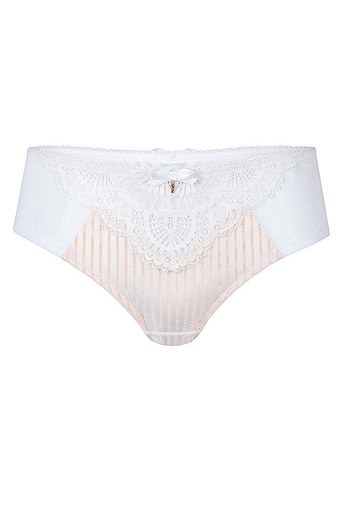 Weißer Slip mit Spitze und rosa Einsatz. Spitze am Bund und im Vorderteil. Zarte Schleife vorn.