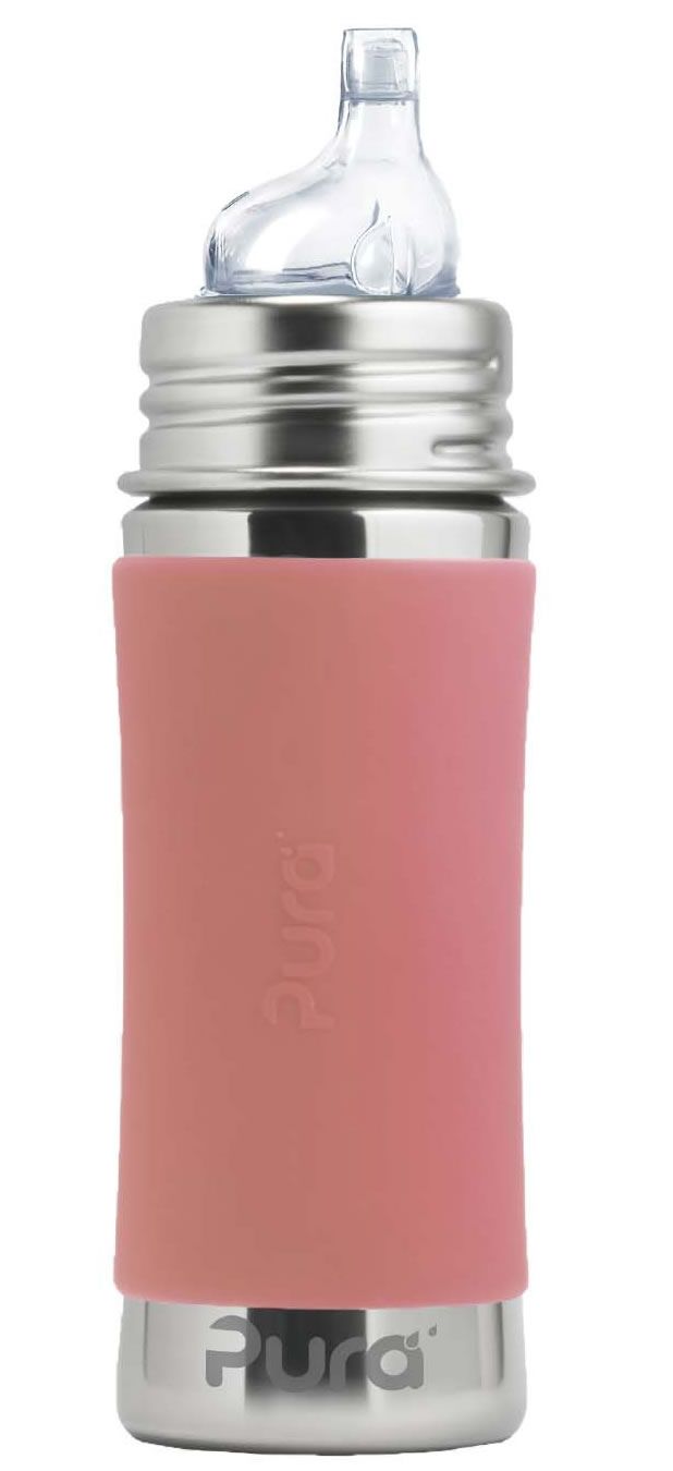 Trinklernflasche mit Silikon-Sleeve in Rosa. Edelstahl-Flaschenkörper, Silikon-Sauger. Marke: Pura.