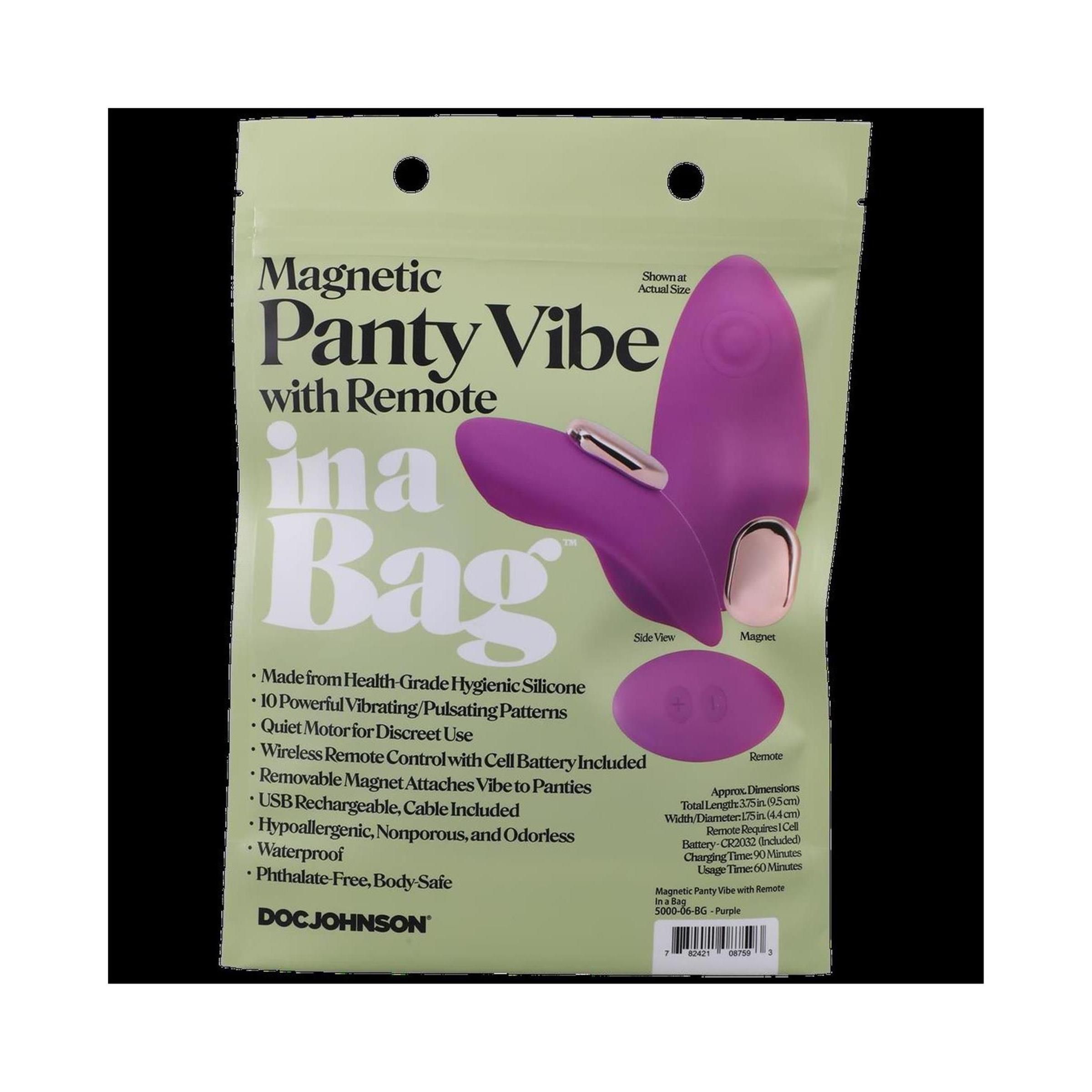 Verpackung mit Produktabbildung. Produktname: "Magnetic Panty Vibe with Remote". Enthält Informationen zu Material und Eigenschaften.
