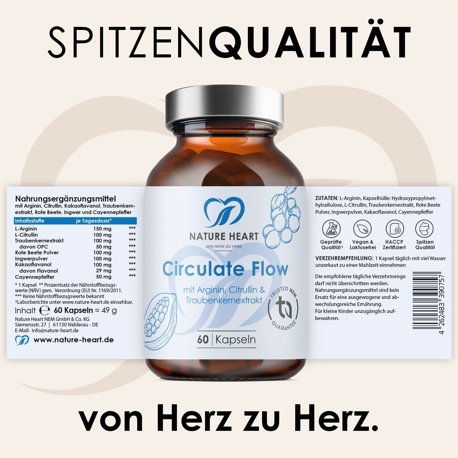 Kapsel-Flasche mit Etikett. Text: Nature Heart, Circulate Flow, 60 Kapseln. Inhaltsstoffe und Nährwertangaben. Logo: Herz mit Blättern. Zusatz: Arginin, Citrullin, Traubenkernextrakt.