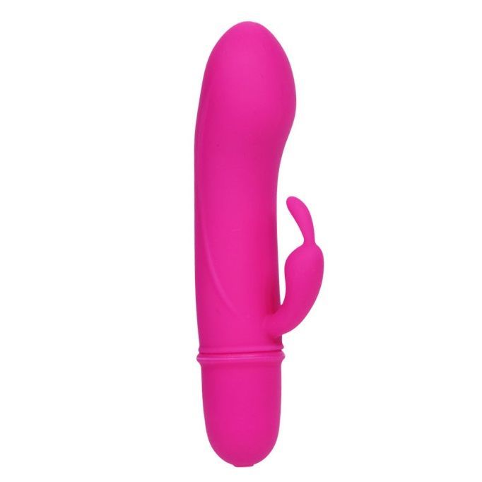 Pinkfarbener Vibrator aus Silikon. Längliche Form mit einem gebogenen Teil und einem kleineren, hervorstehenden Element.