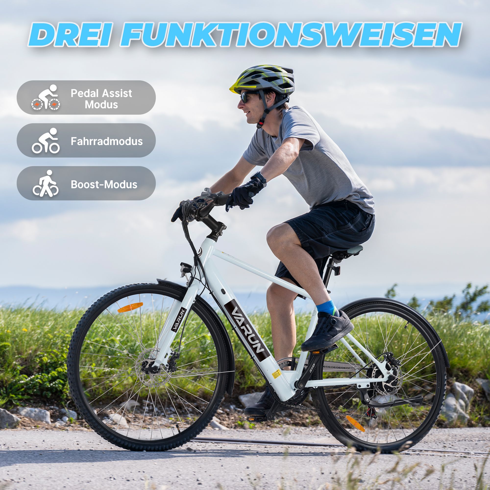 E-Bike mit drei Modi: Pedal Assist, Fahrradmodus, Boost-Modus. Person fährt.