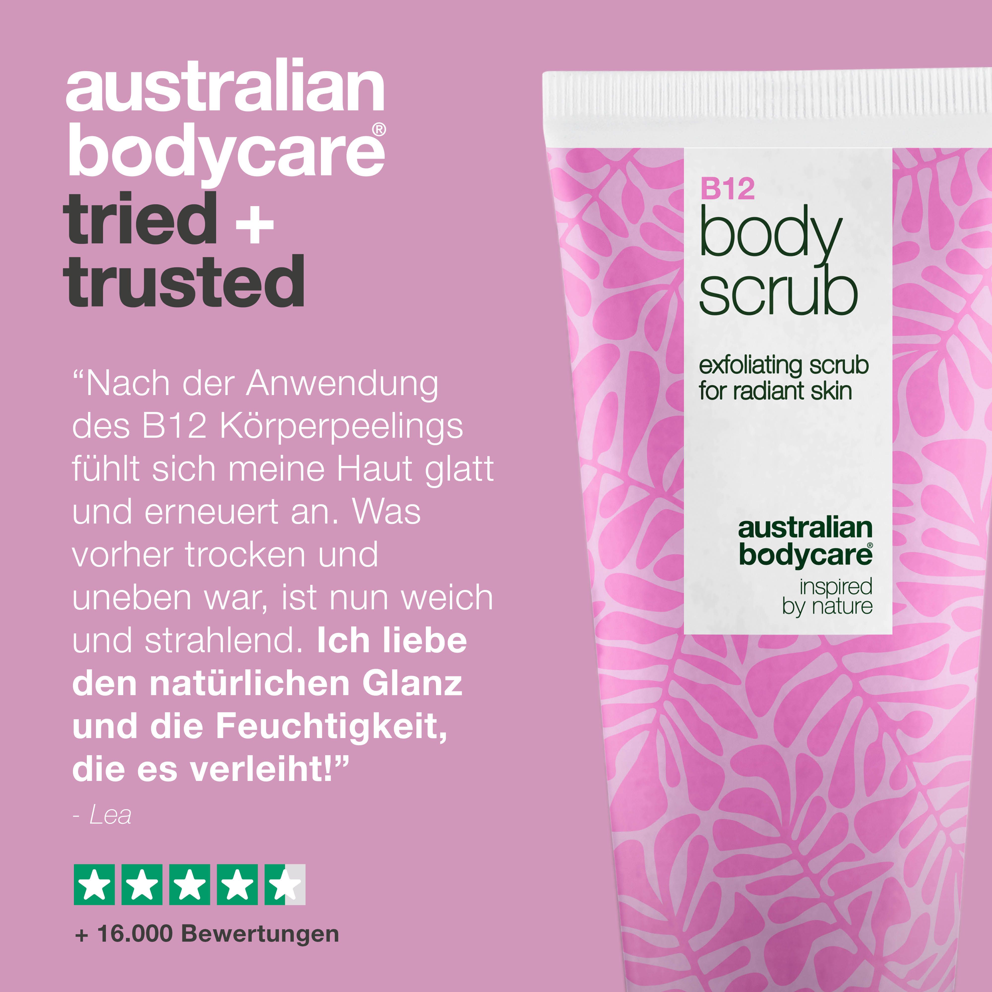 Tube B12 Body Scrub. Zitat: Meine Haut ist glatt und erneuert. Ich liebe den Glanz und die Feuchtigkeit. +16.000 Bewertungen.