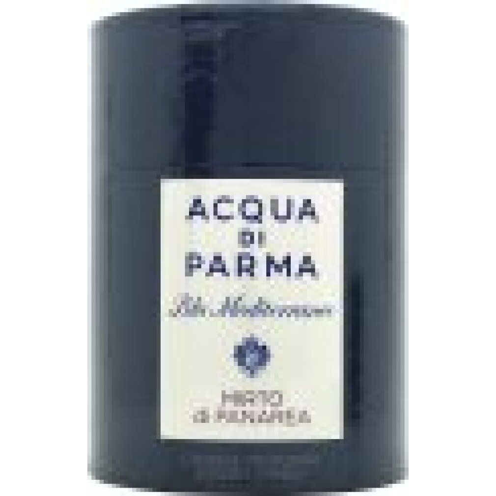 Zylindrische Verpackung. Aufschrift: Acqua di Parma Blu Mediterraneo Mirto di Panarea. Blaue zylindrische Verpackung.
