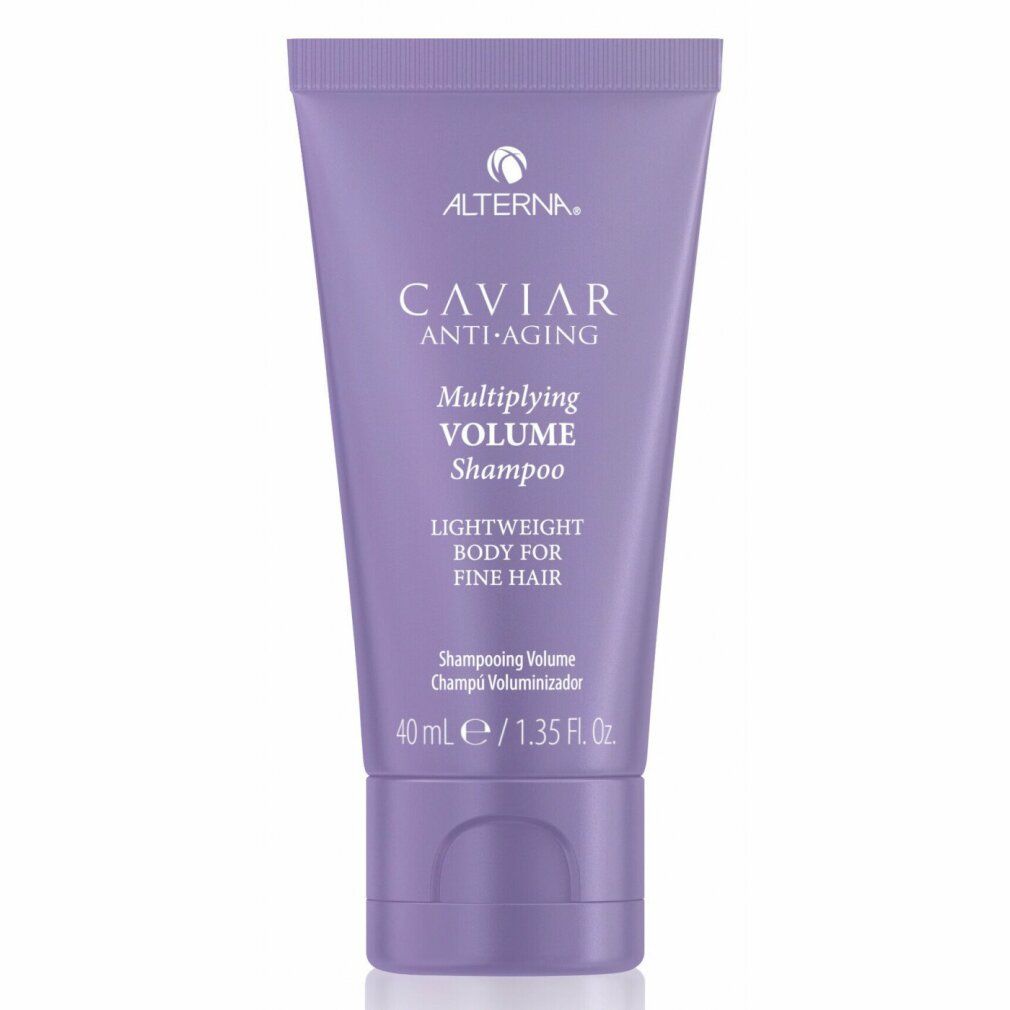 Lila Tube mit Alterna Caviar Shampoo. Schriftzug: Caviar Anti-Aging, Multiplying Volume Shampoo. 40 ml.