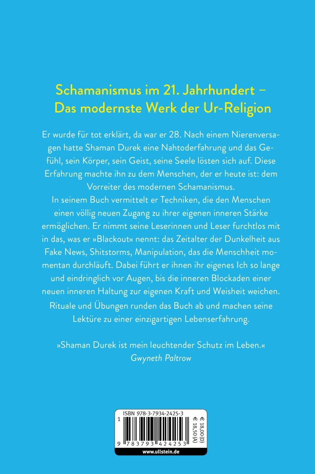 Buchrückseite mit Text. Titel: Schamanismus im 21. Jahrhundert. Autor: Shaman Durek. Blauer Hintergrund mit weißer Schrift.