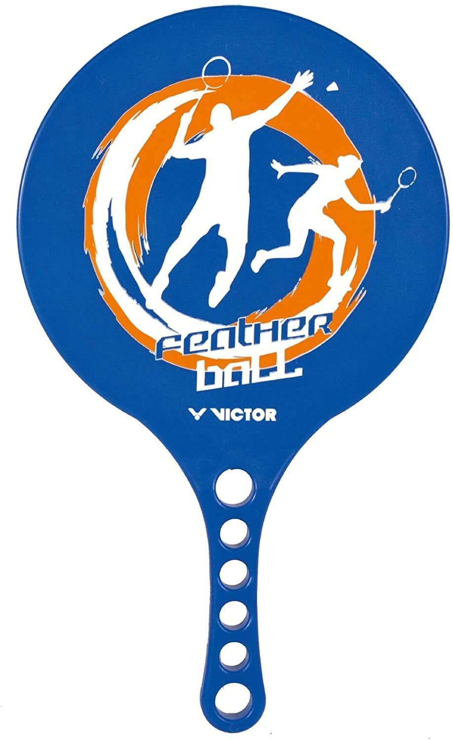 Blauer Federballschläger mit weißem Aufdruck. Auf dem Schläger steht "Feather Ball" und "Victor".