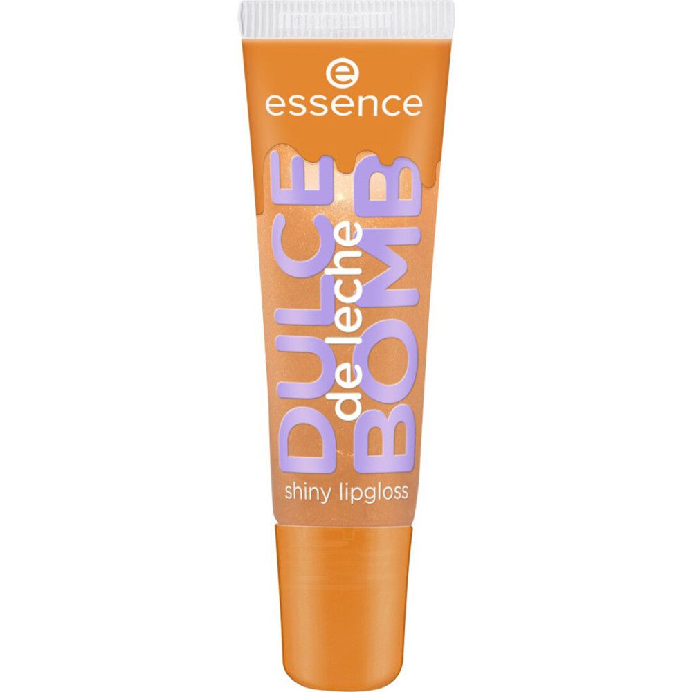 Lippen-Gloss in Tube. Orangefarbene Flüssigkeit. Aufschrift: Dulce de Leche Bomb Shiny. Marke: essence.