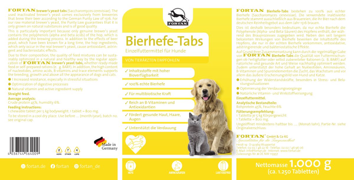 Gelbes Etikett mit Text und Logo. Aufschrift: Bierhefe-Tabs. Abbildung von Hund und Katze. Text in Deutsch. Hergestellt in Deutschland.