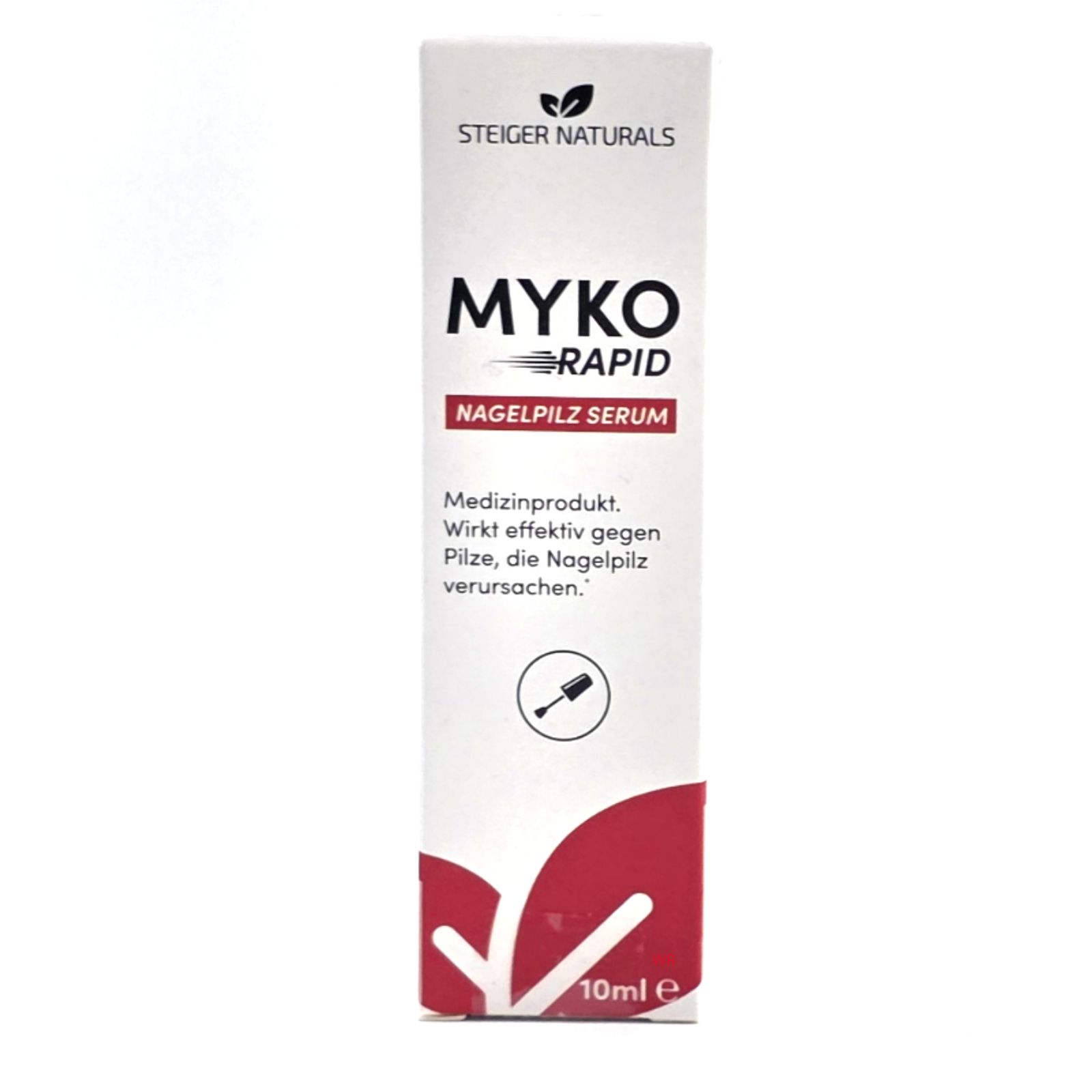 Schachtel mit Produktaufschrift MYKO RAPID Nagelpilz Serum. Rote und weiße Farbgebung. Text: Medizinprodukt. 10ml.