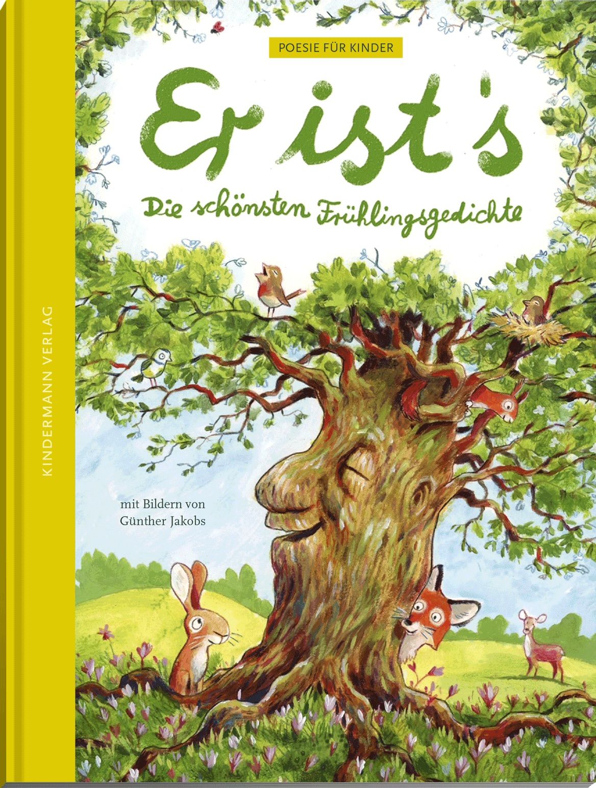 Buchcover mit Titel "Er ist's". Baum mit Gesicht, Tiere, grüne Blätter. Kinderbuch, Poesie für Kinder.