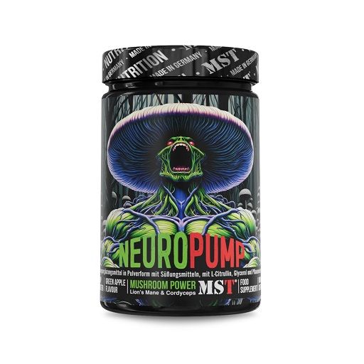 Dose mit "NeuroPump"-Aufdruck. Enthält Pulver. Deckel mit "MST Nutrition" Schriftzug. Motiv: Monster mit Pilz.