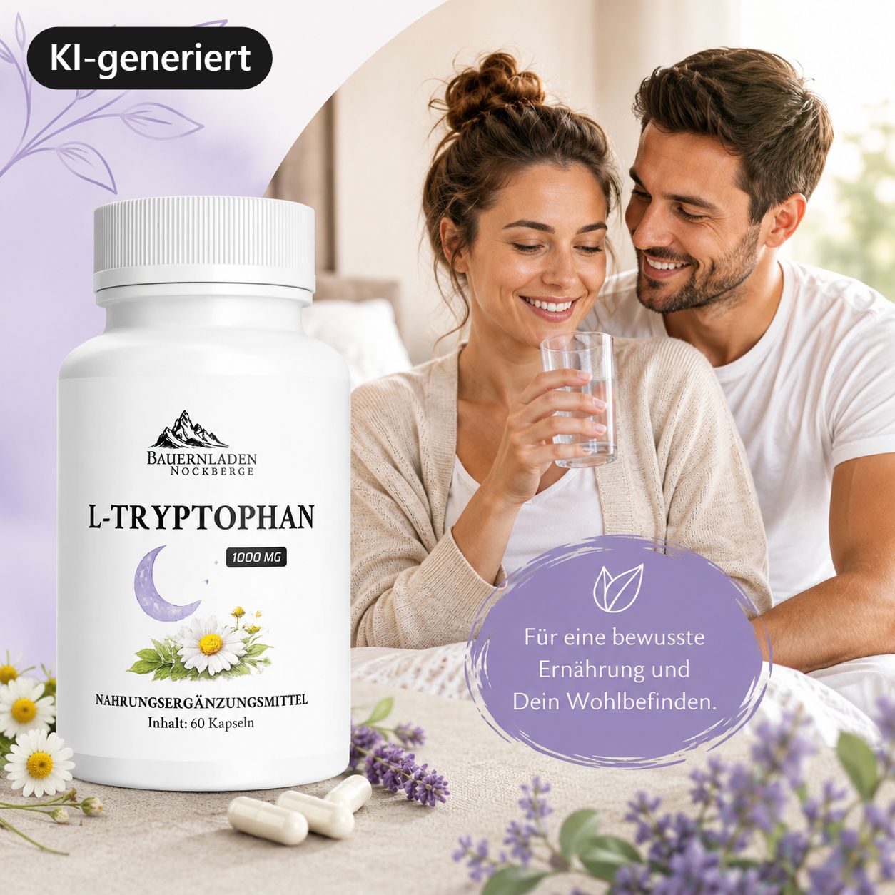 Weiße Kapsel mit L-Tryptophan 1000 mg, 60 Kapseln. Berg- und Mondlogo. Für Ernährung und Wohlbefinden.