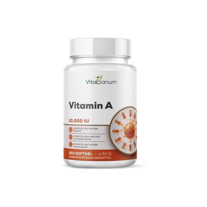 Vorderseite einer Flasche VitaSanum Vitamin A 10.000 I.E. Nahrungsergänzungsmittel, 250 Softgel-Kapseln.