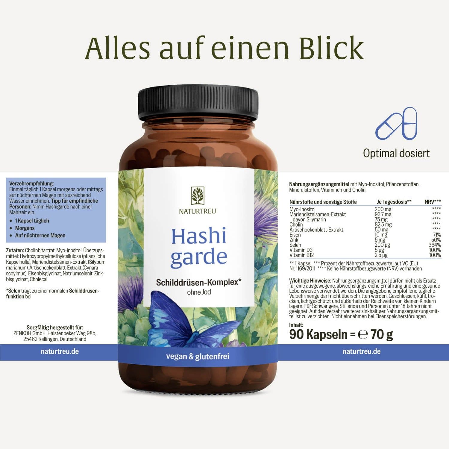 Braune Glasflasche mit 90 Kapseln "Hashi garde Schilddrüsen-Komplex" von Naturtreu, vegan & glutenfrei.
