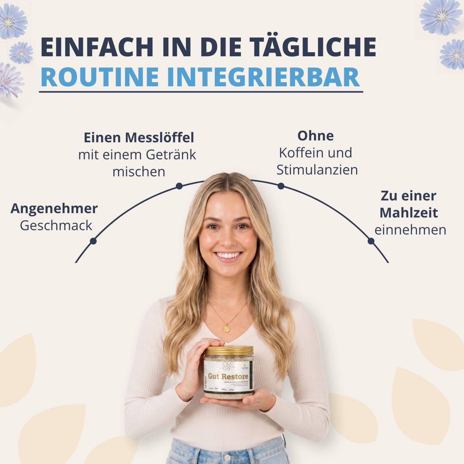 Frau hält Golden Tree Gut Restore. Einfach in die tägliche Routine integrierbar.