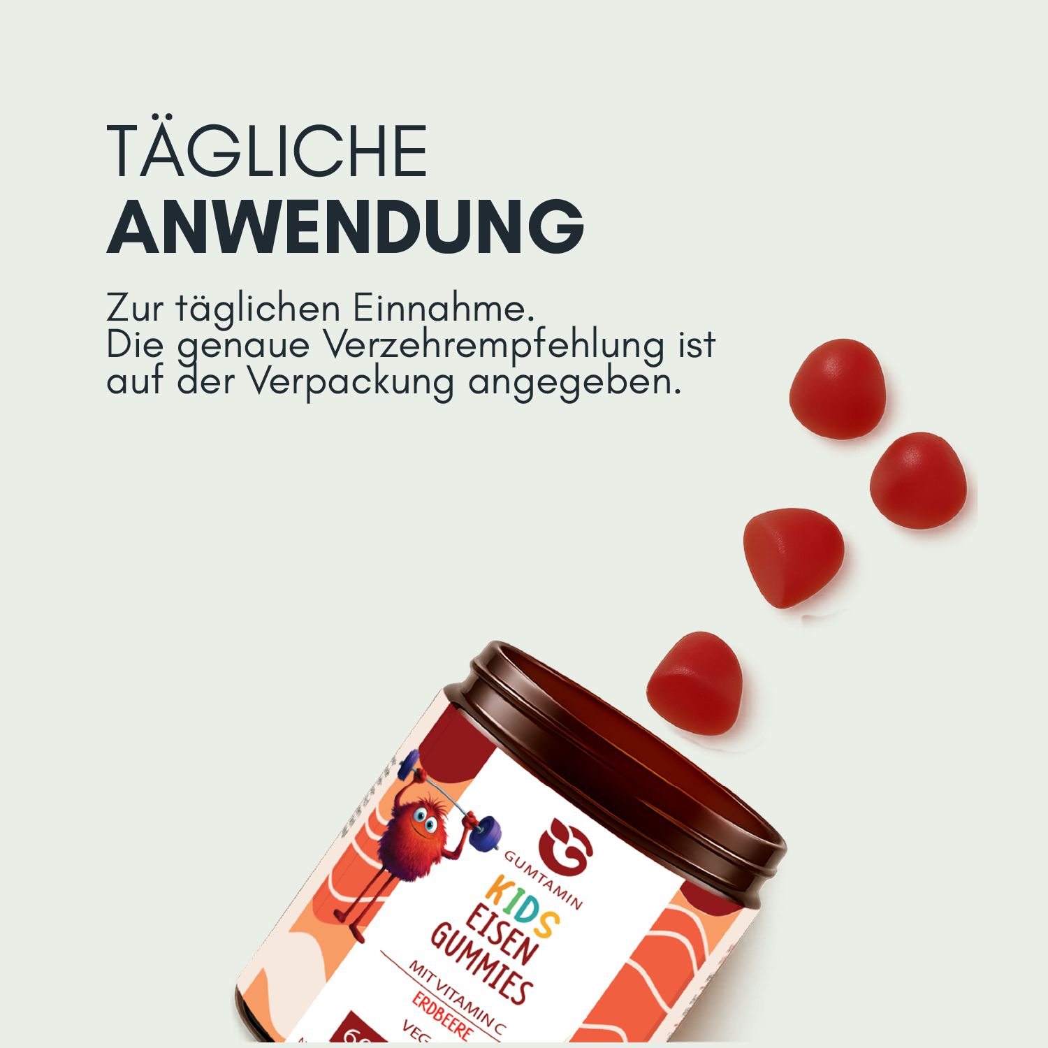 Gummibärchen und Dose. Text: Tägliche Anwendung. Gummibärchen rot, tropfenförmig. Dose mit Aufschrift: Kids Eisen Gummies.