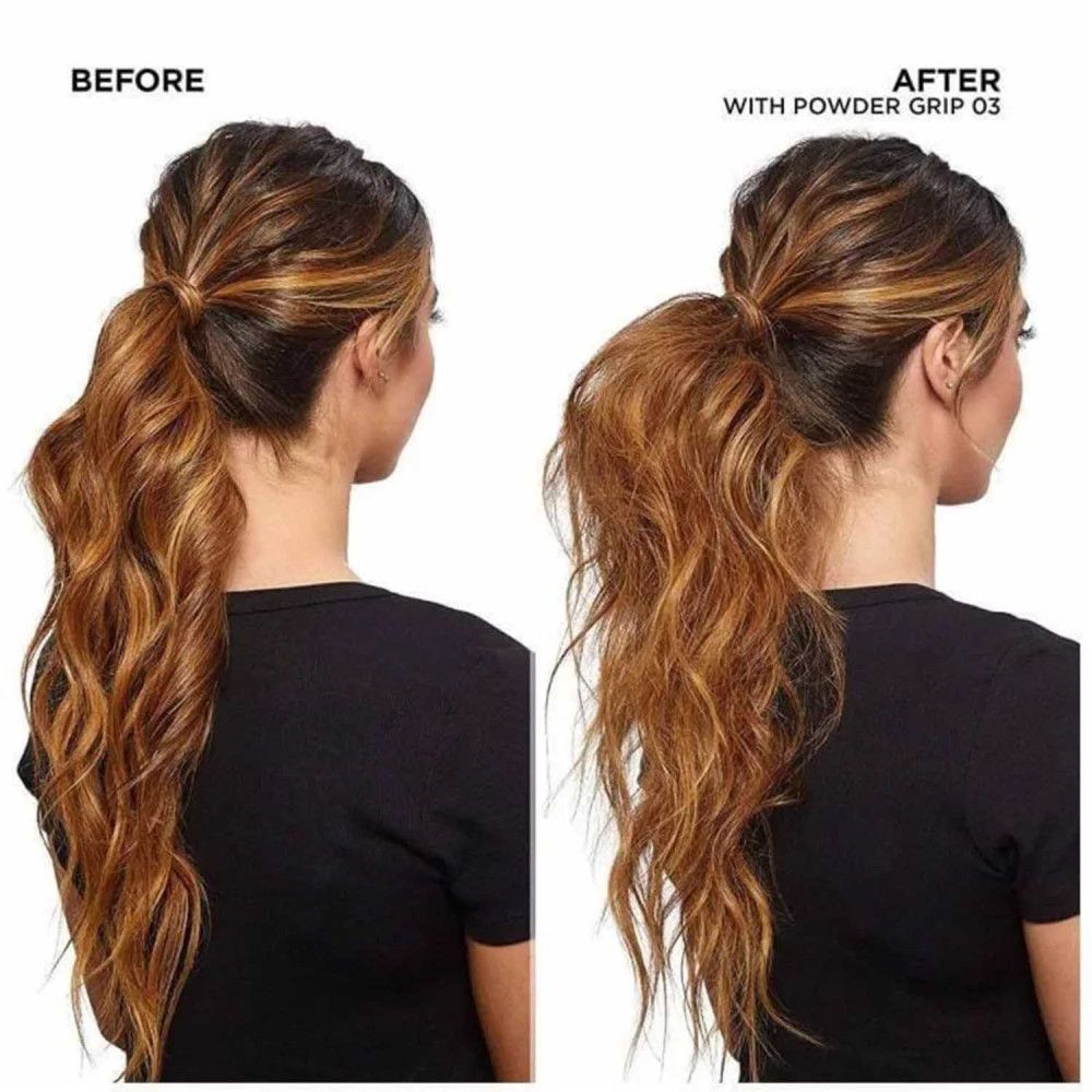 Zwei Frauen mit Pferdeschwanz. Links: Vorher. Rechts: Nachher mit Powder Grip Q3. Welliges Haar.