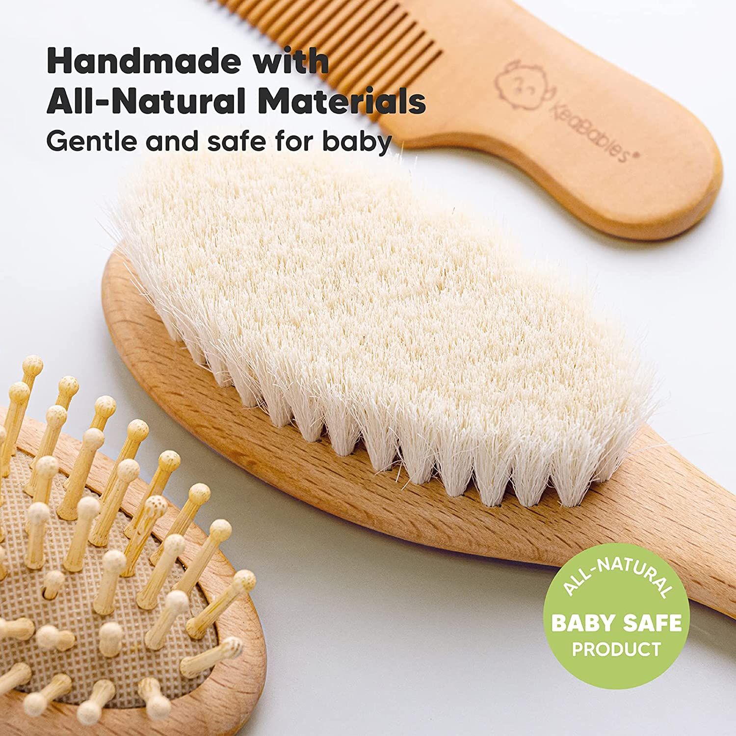 Baby Haarbürste und Baby Kamm Set - Natürliche Holz Babyhaar Haarbürste mit weichen Ziegenborsten