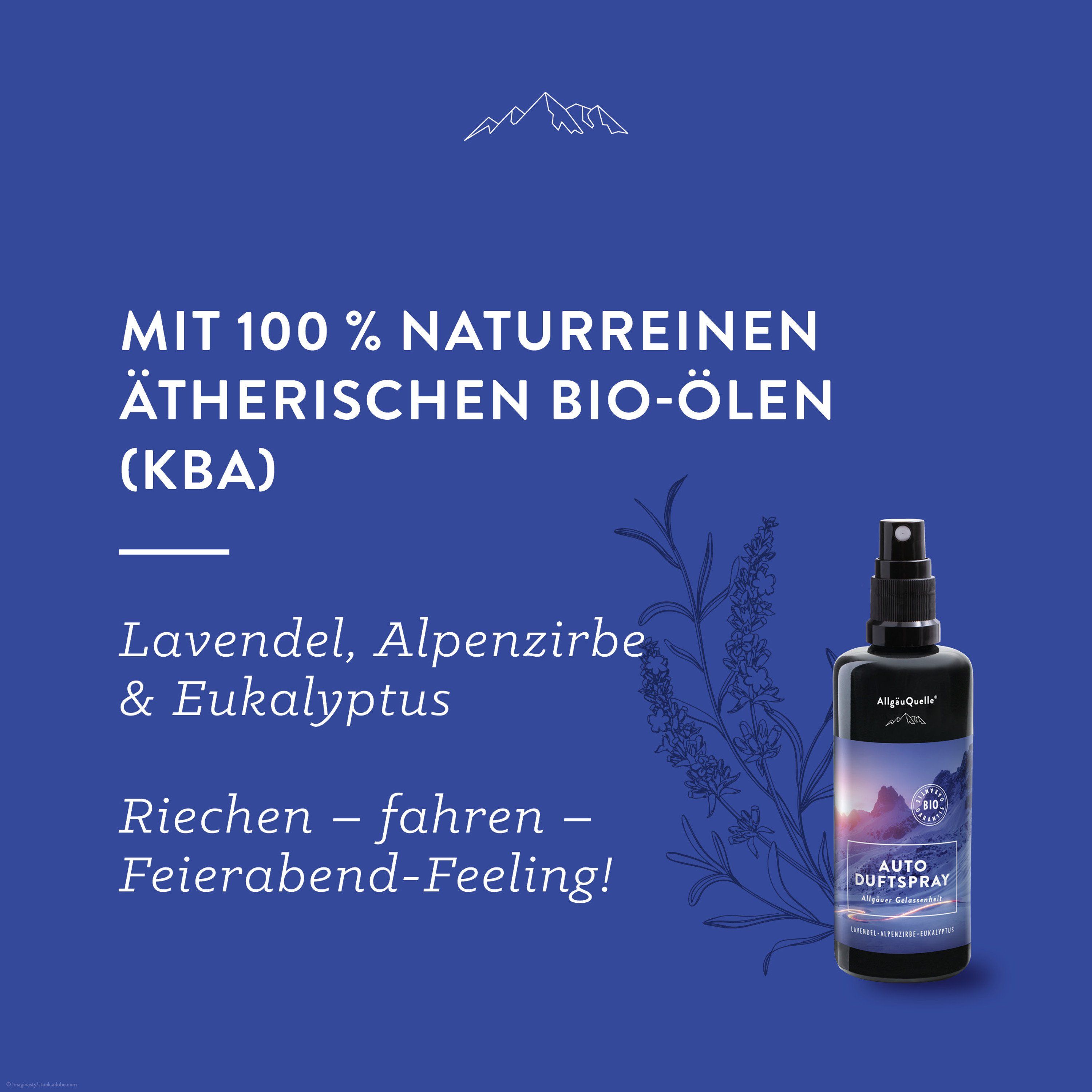 Blaue Grafik. Produktflasche mit Text: Auto Duftspray. Text: 100% natürliche Bio-Öle (kBA). Lavendel, Alpenzirbe & Eukalyptus. Riechen - fahren - Feierabend-Feeling!
