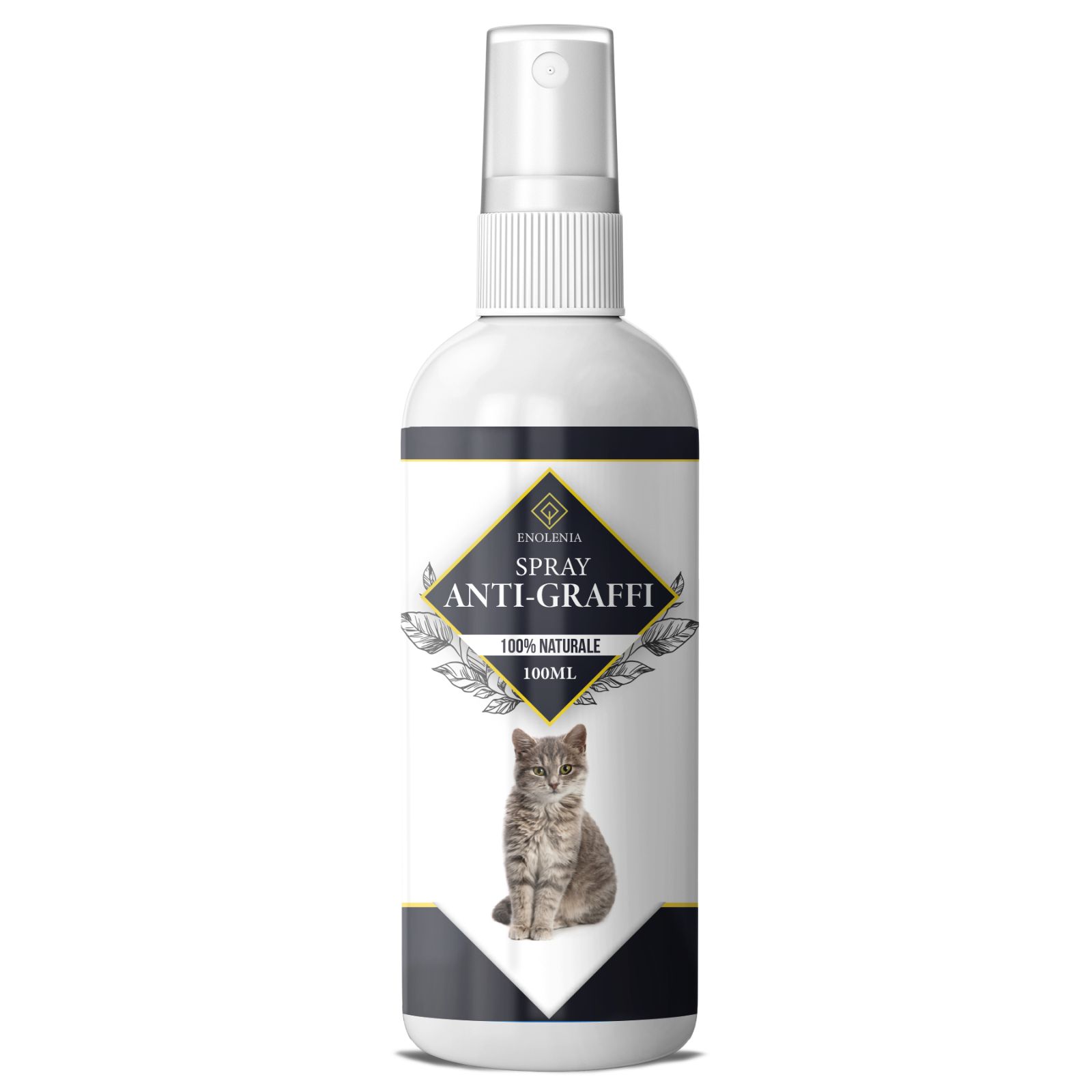 Flacone spray bianco con etichetta. Scritta: Anti-Graffi Spray, 100% naturale. Gatto.