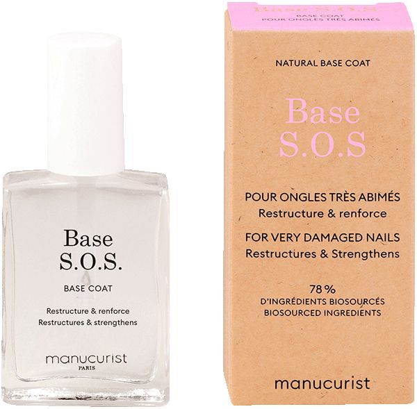 Manucurist Base S.O.S. Nagellackflasche und Kartonverpackung. Klare Flüssigkeit, beschriftet mit 'Base S.O.S.' und 'Base Coat'.